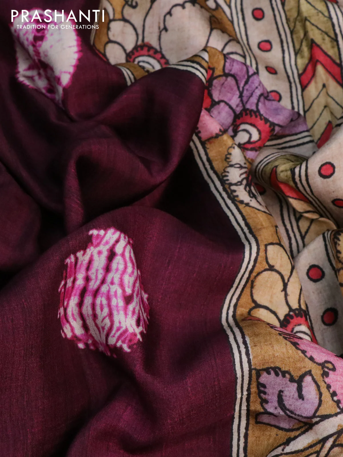 Semi crepe saree wine shade and mustard yellow with shibori butta prints and kalamkari printed pallu & zari border - Image 9