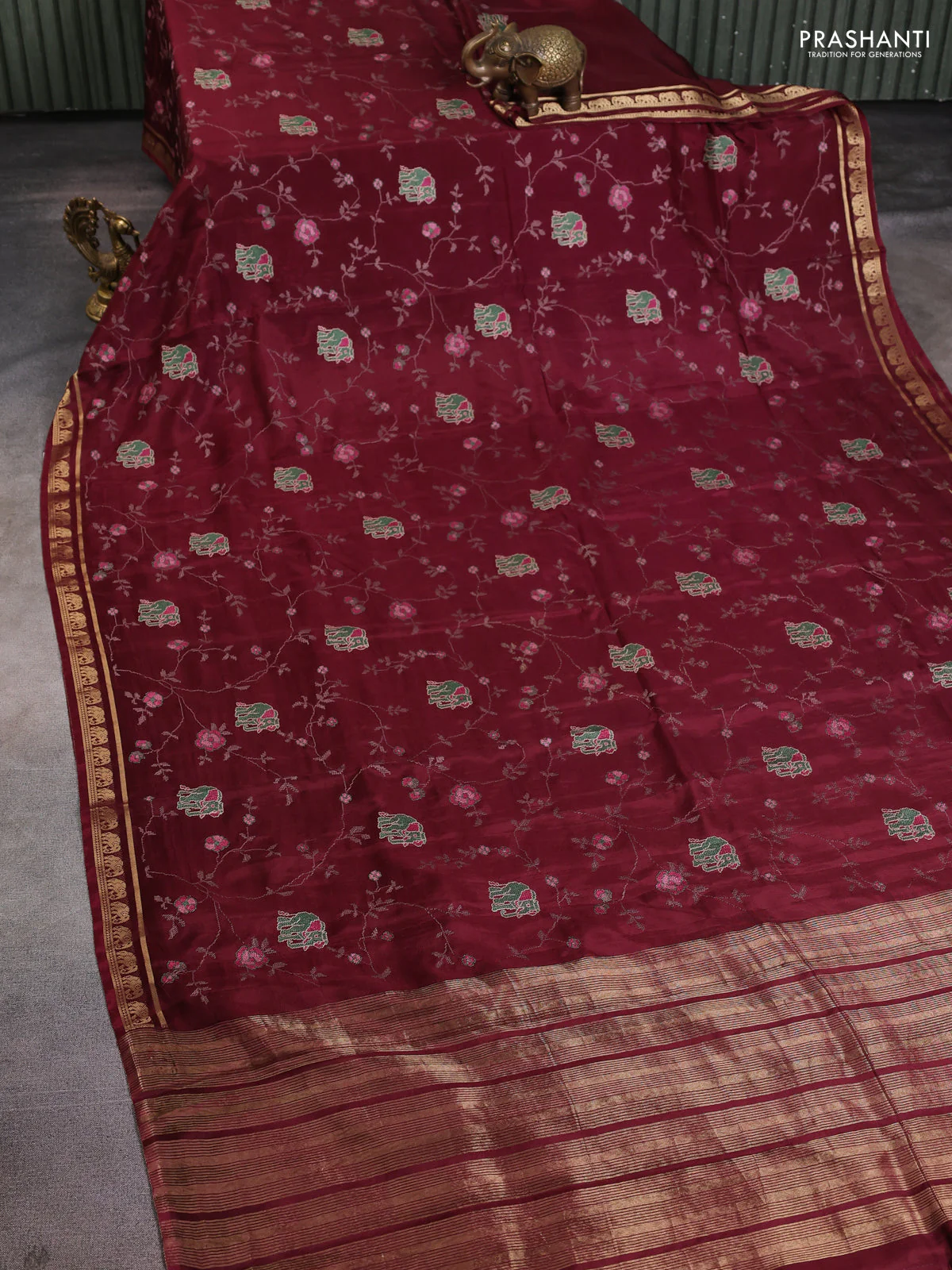Semi crepe silk saree deep maroon with allover convent embroidery and elephant zari woven border - Image 2