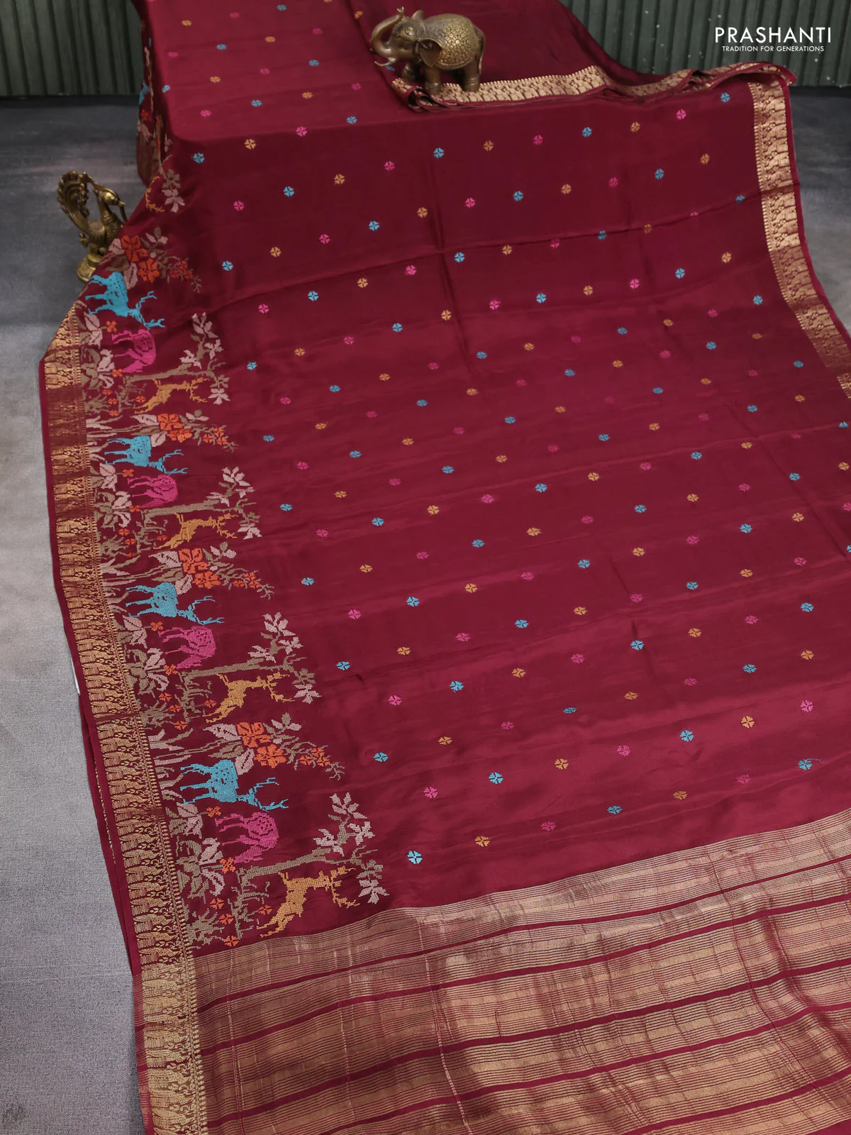 Semi crepe silk saree deep maroon with allover convent embroidery and peacock zari woven border - Image 2