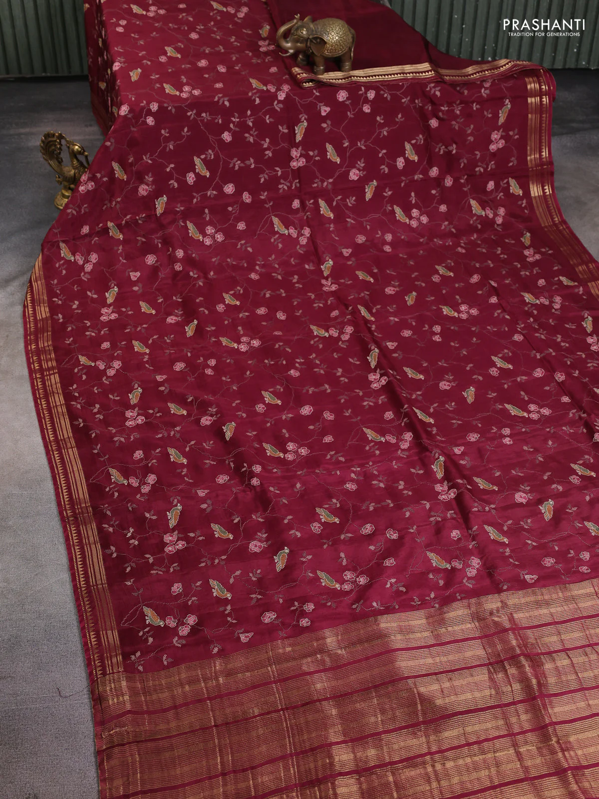 Semi crepe silk saree deep maroon with allover convent embroidery and temple zari woven border - Image 2