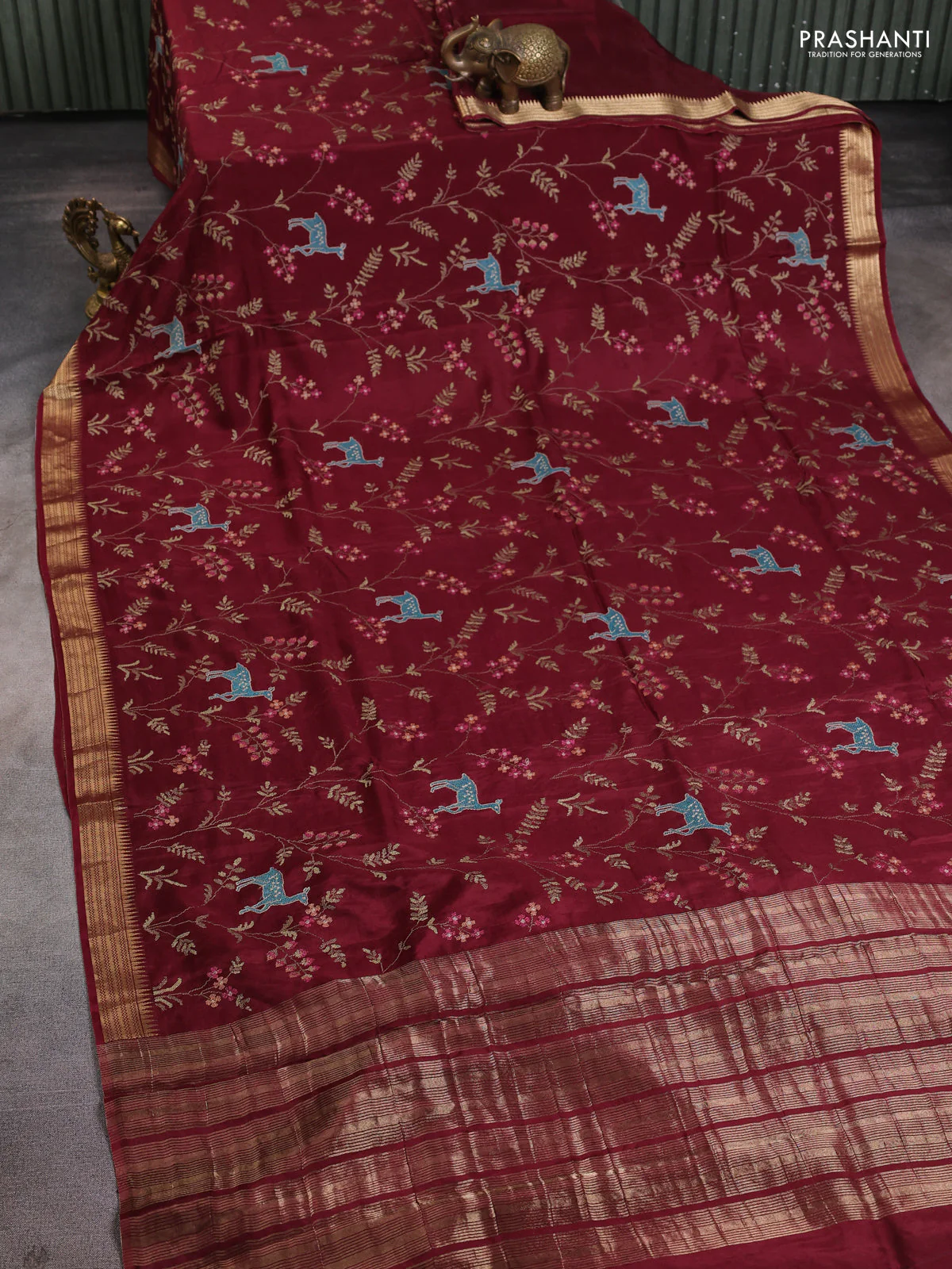 Semi crepe silk saree deep maroon with allover convent embroidery and temple zari woven border - Image 2