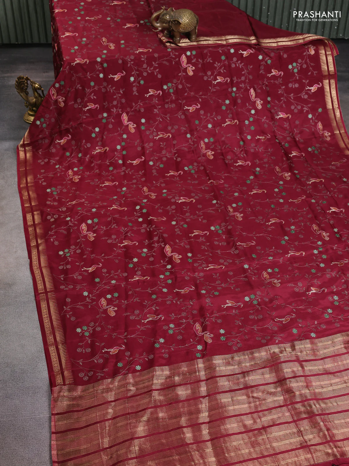 Semi crepe silk saree deep maroon with allover convent embroidery and temple zari woven border - Image 2