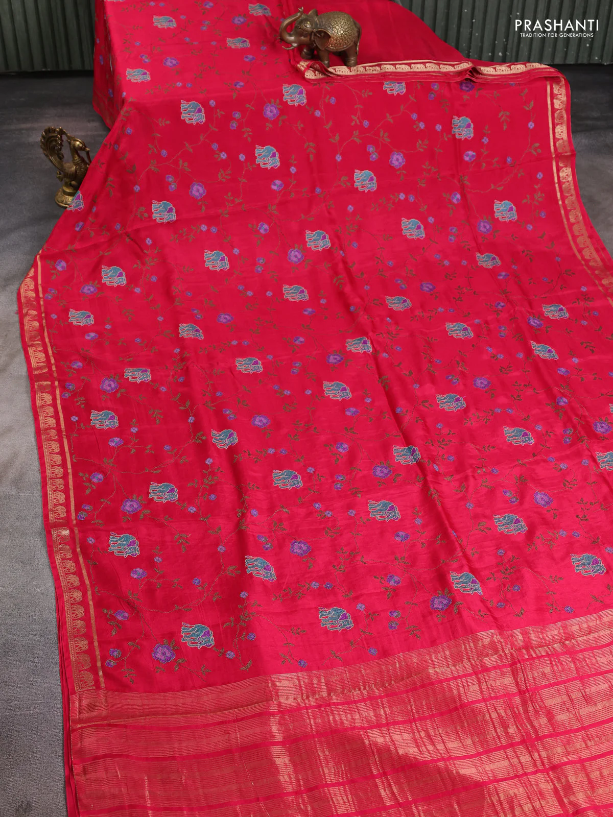 Semi crepe silk saree magenta pink with allover convent embroidery and elephant zari woven border - Image 2