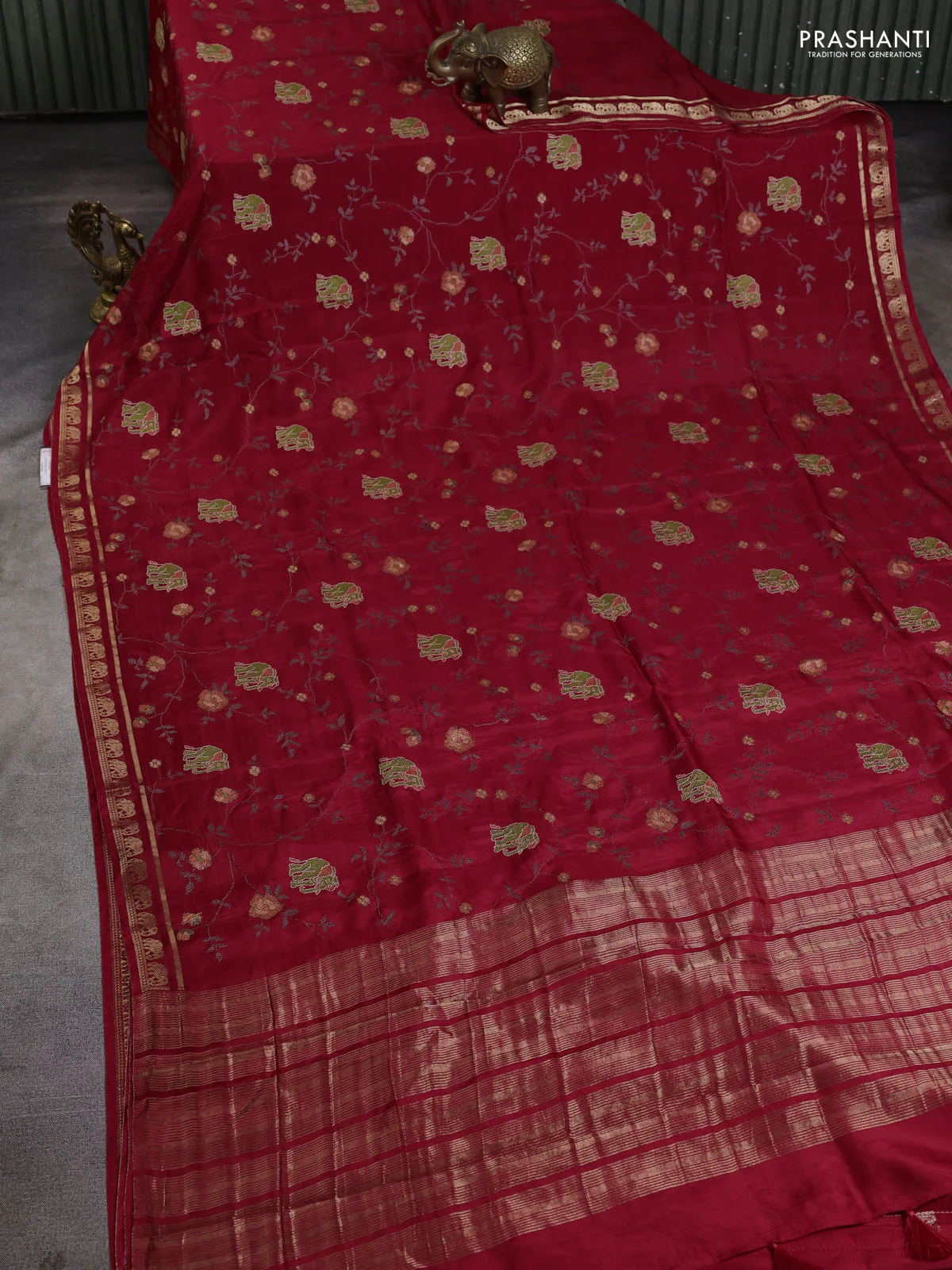 Semi crepe silk saree maroon with allover convent embroidery and elephant zari woven border - Image 2