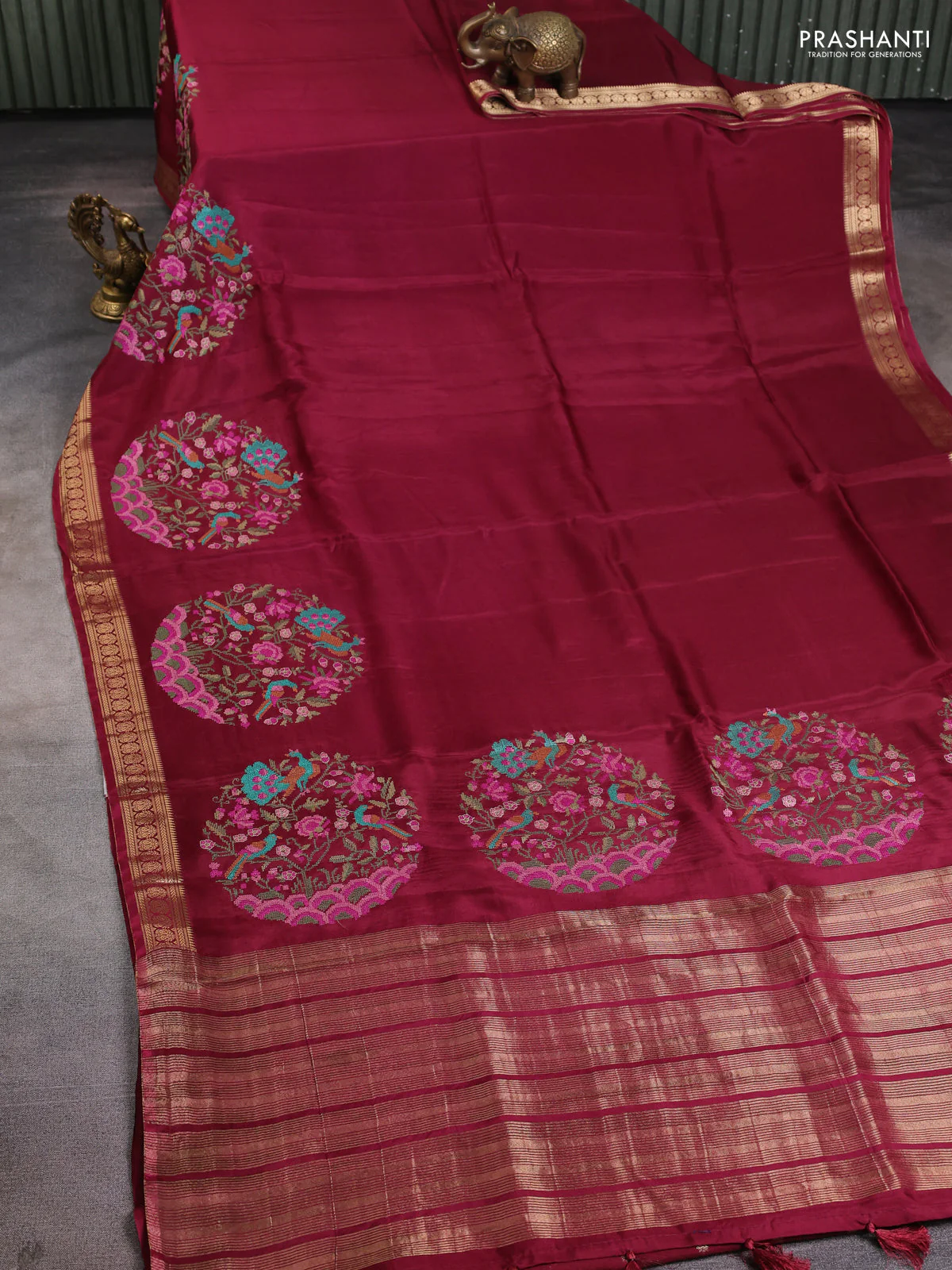 Semi crepe silk saree maroon with convent embroidery and paisley zari woven border - Image 2