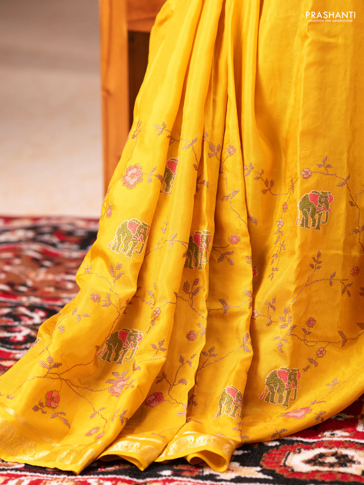 Semi crepe silk saree mustard yellow with allover convent embroidery and elephant zari woven border - Image 4