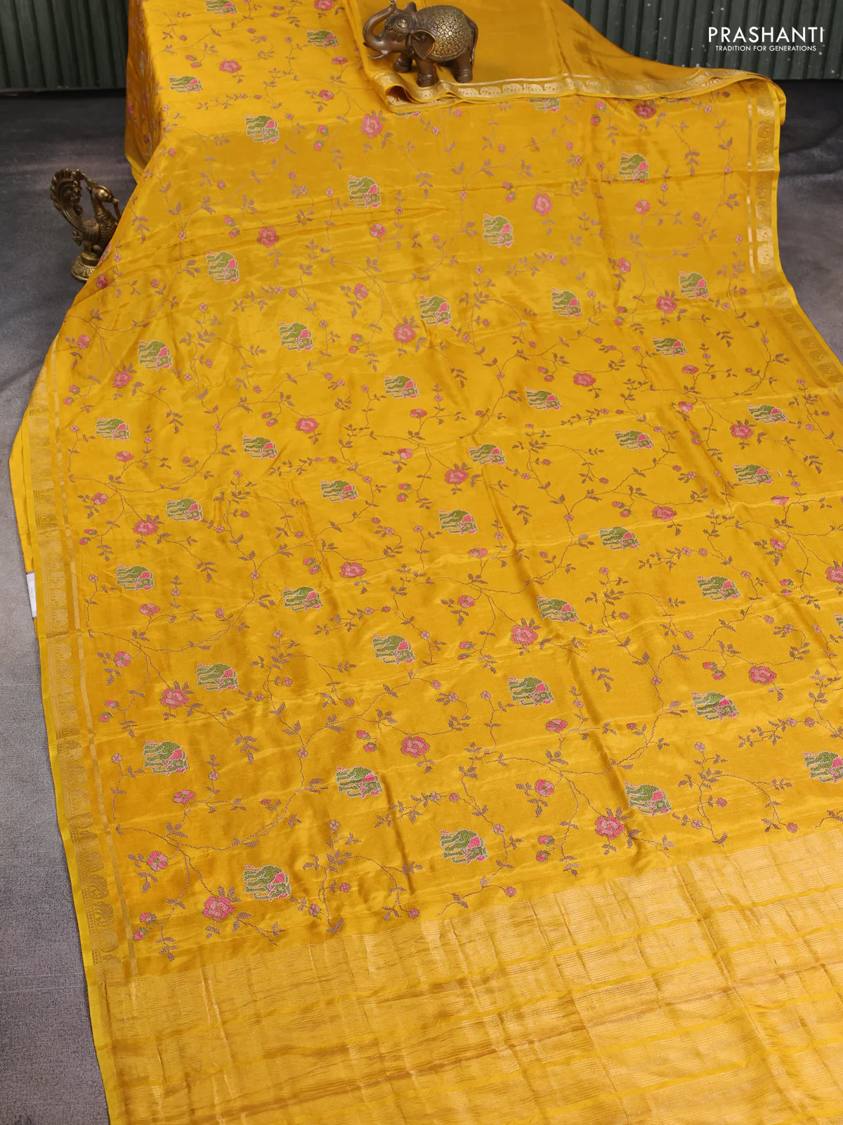 Semi crepe silk saree mustard yellow with allover convent embroidery and elephant zari woven border - Image 7