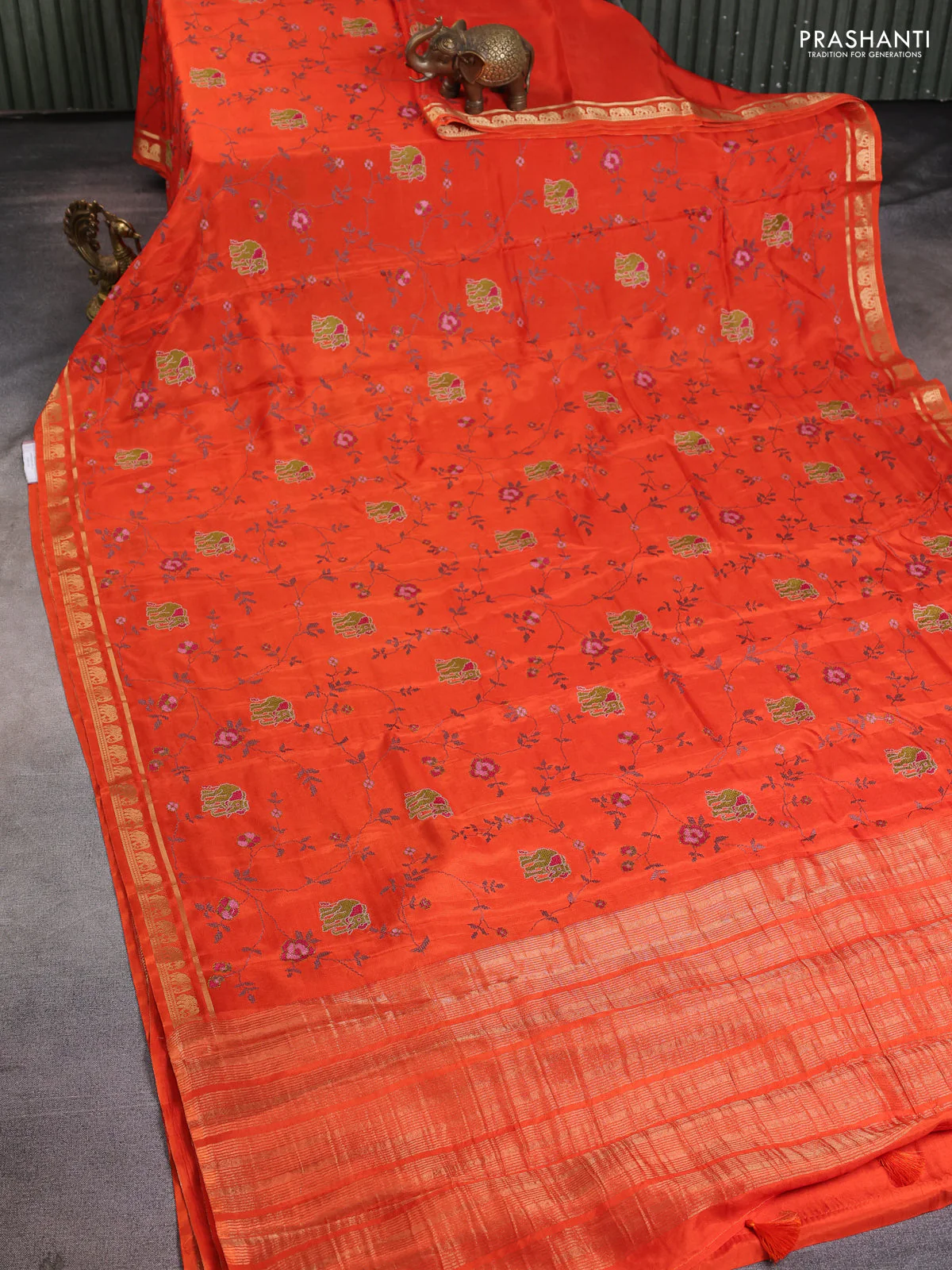 Semi crepe silk saree orange with allover convent embroidery and elephant zari woven border - Image 2