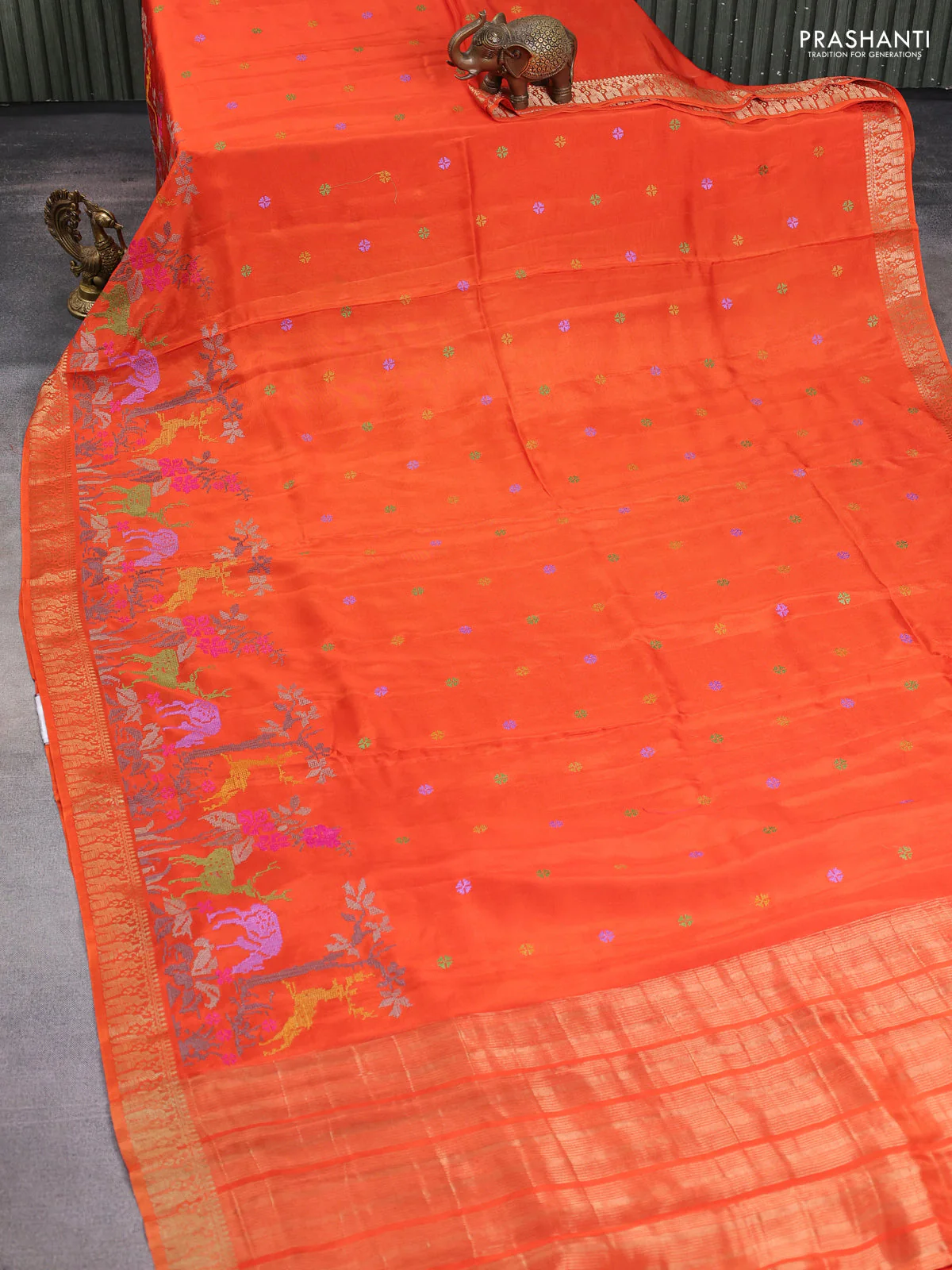 Semi crepe silk saree orange with allover convent embroidery and peacock zari woven border - Image 2