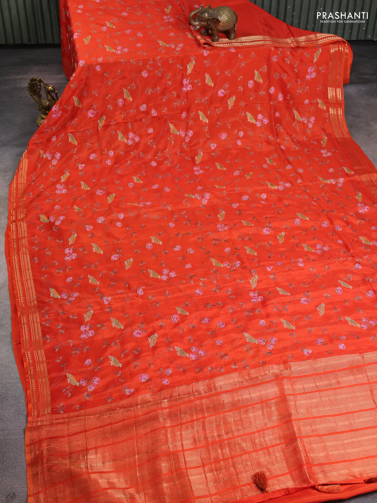 Semi crepe silk saree orange with allover convent embroidery and temple zari woven border - Image 2