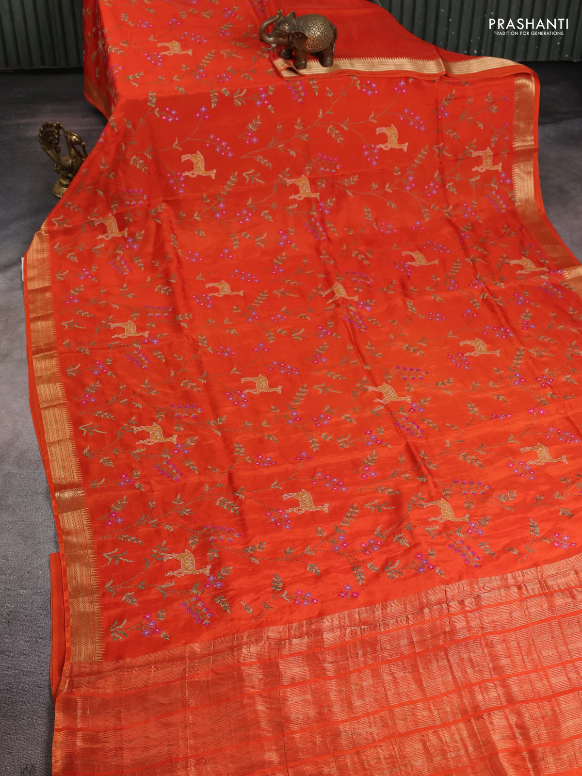 Semi crepe silk saree orange with allover convent embroidery and temple zari woven border - Image 2