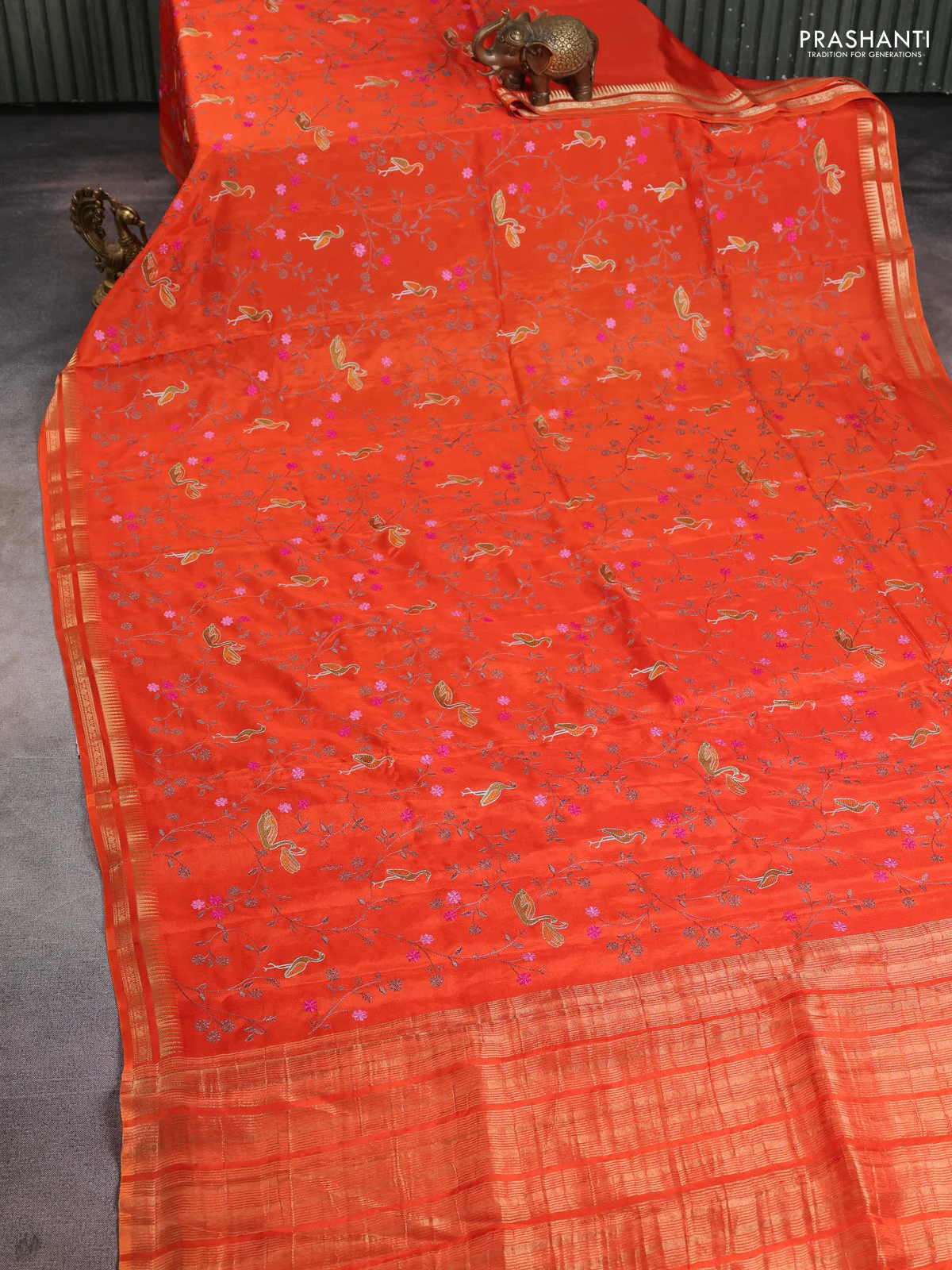 Semi crepe silk saree orange with allover convent embroidery and temple zari woven border - Image 2