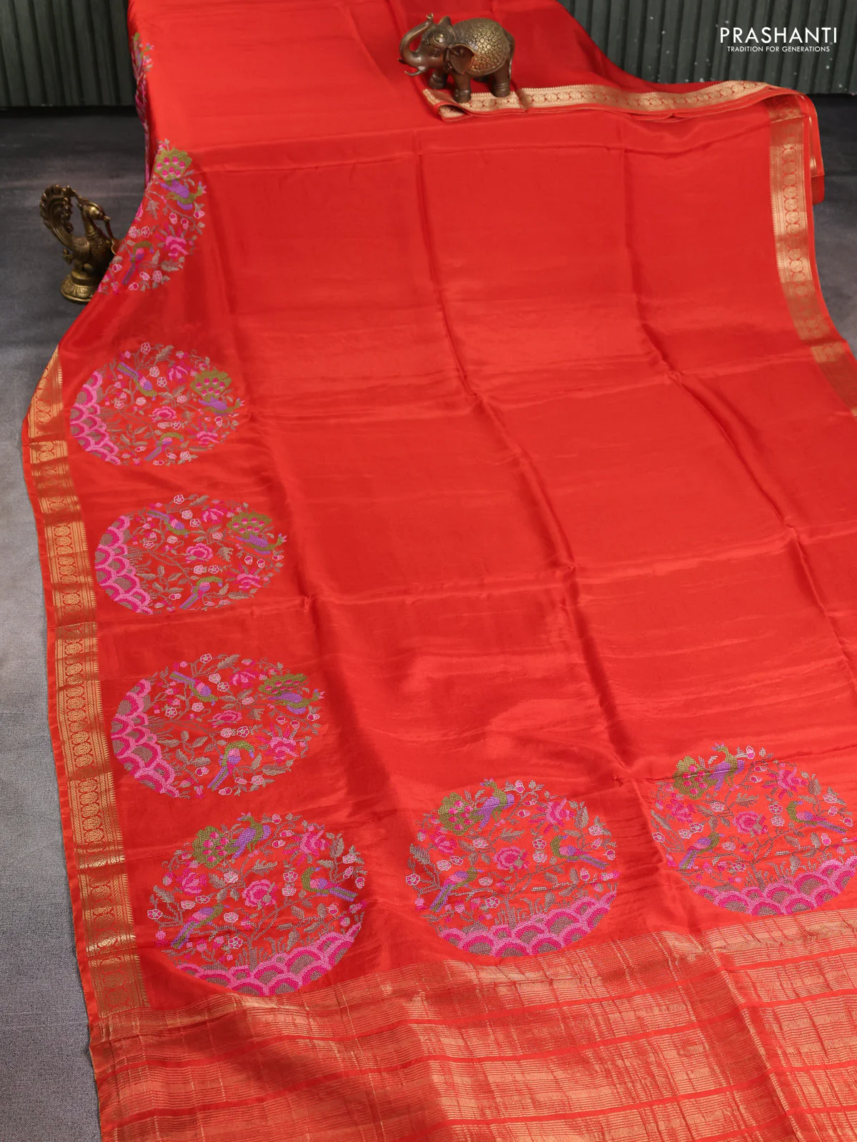 Semi crepe silk saree orange with convent embroidery and paisley zari woven border - Image 2