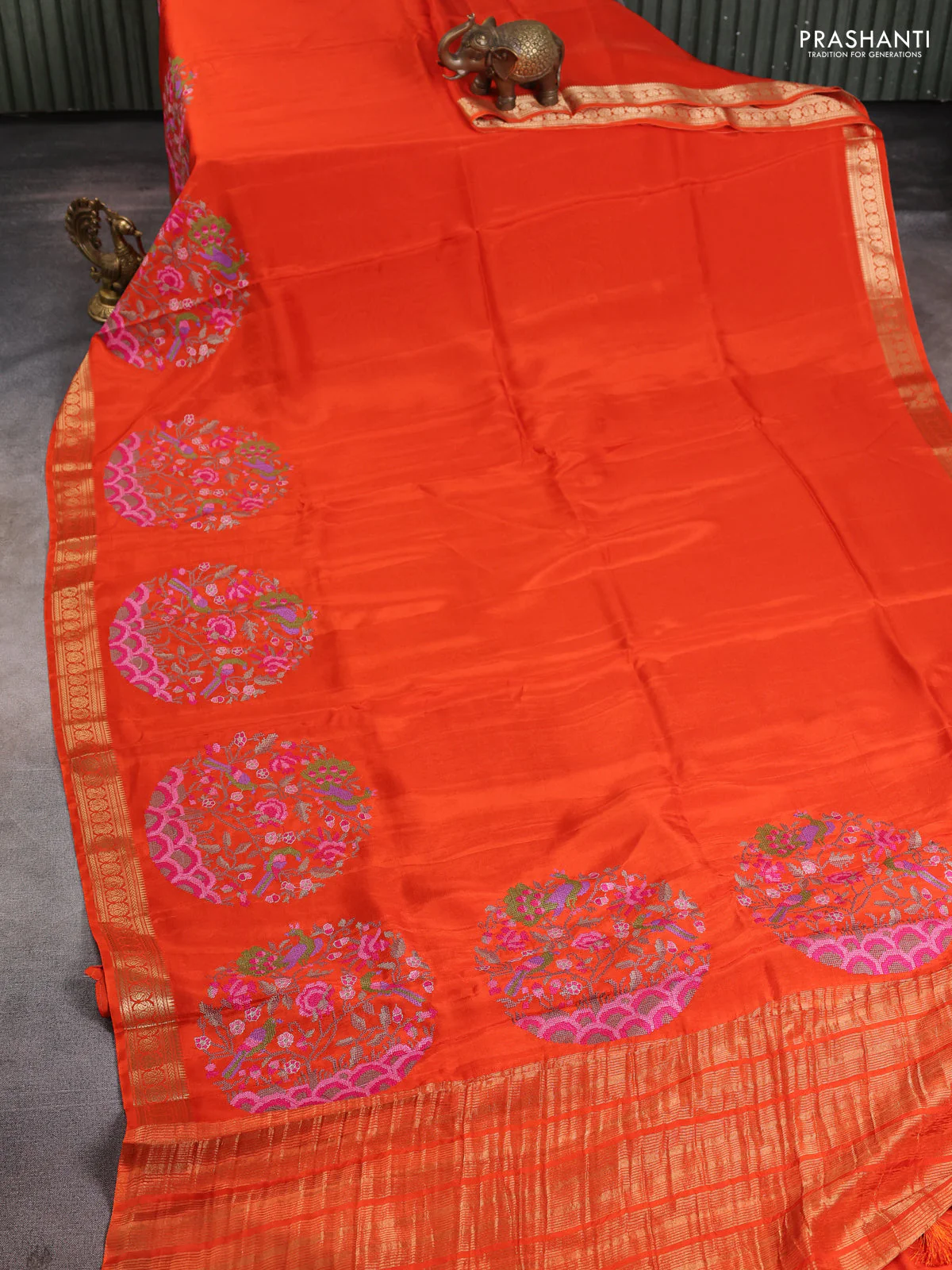 Semi crepe silk saree orange with convent embroidery and paisley zari woven border - Image 2