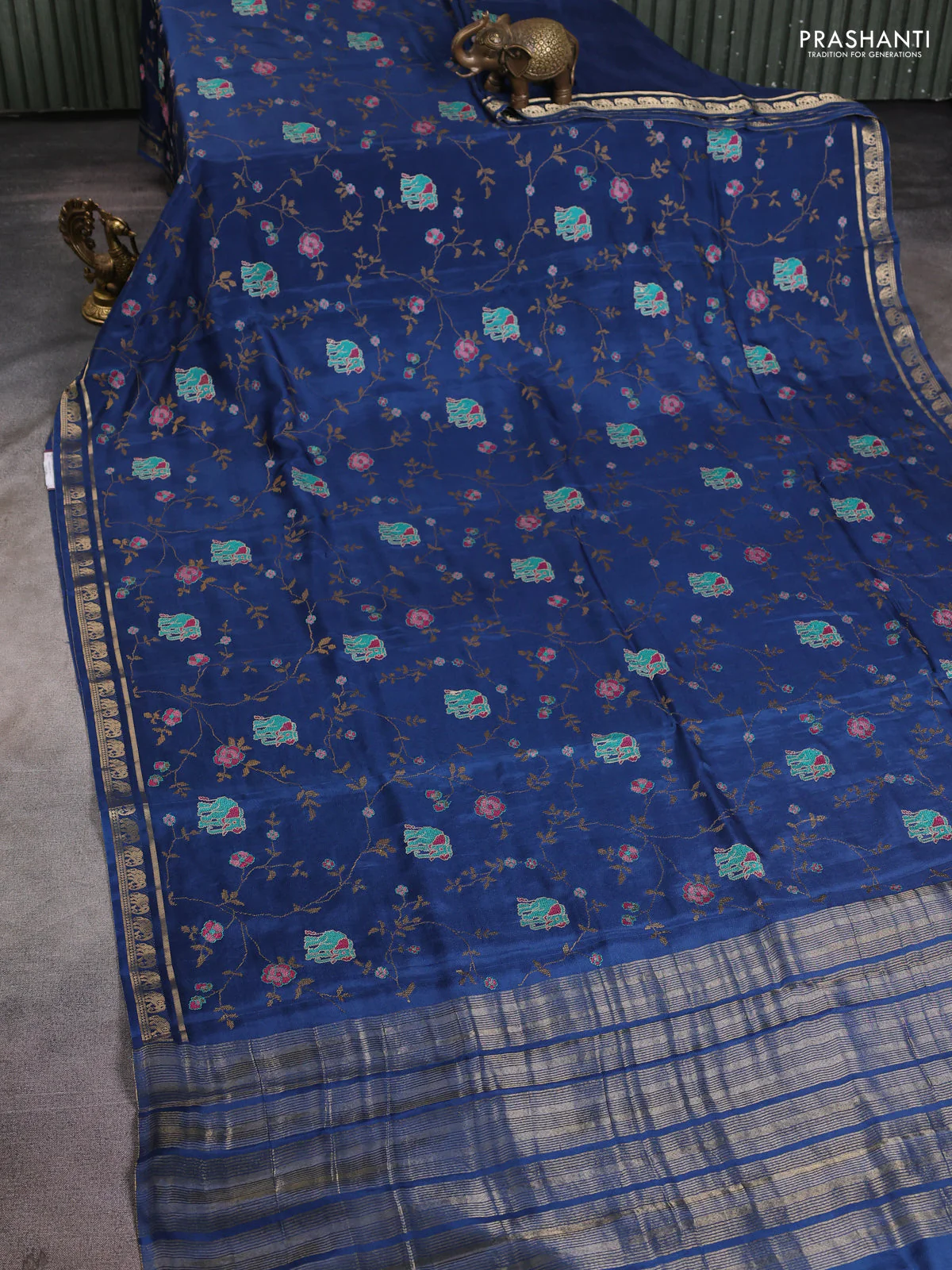 Semi crepe silk saree peacock blue with allover convent embroidery and elephant zari woven border - Image 2