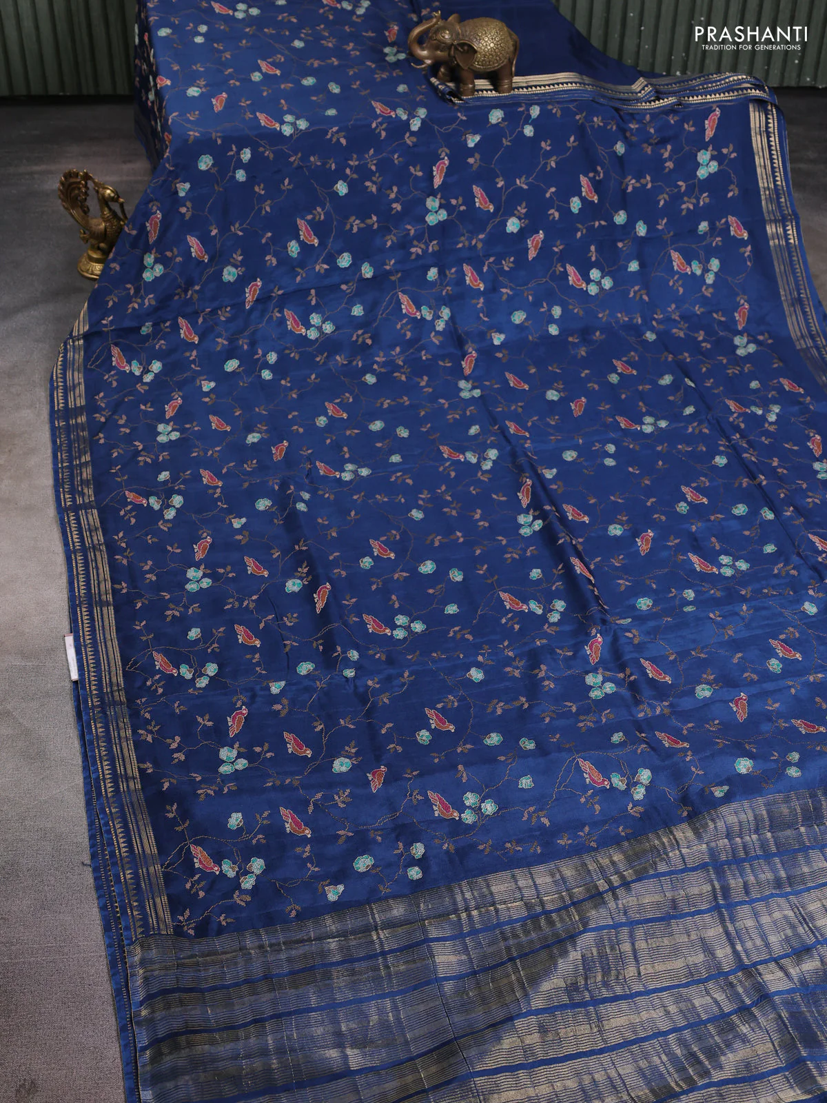 Semi crepe silk saree peacock blue with allover convent embroidery and temple zari woven border - Image 2