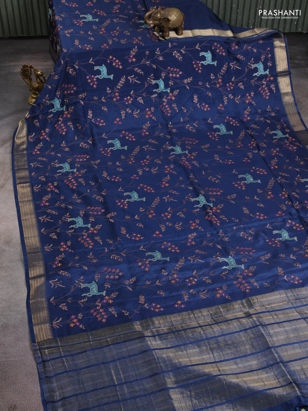 Semi crepe silk saree peacock blue with allover convent embroidery and temple zari woven border - Image 2