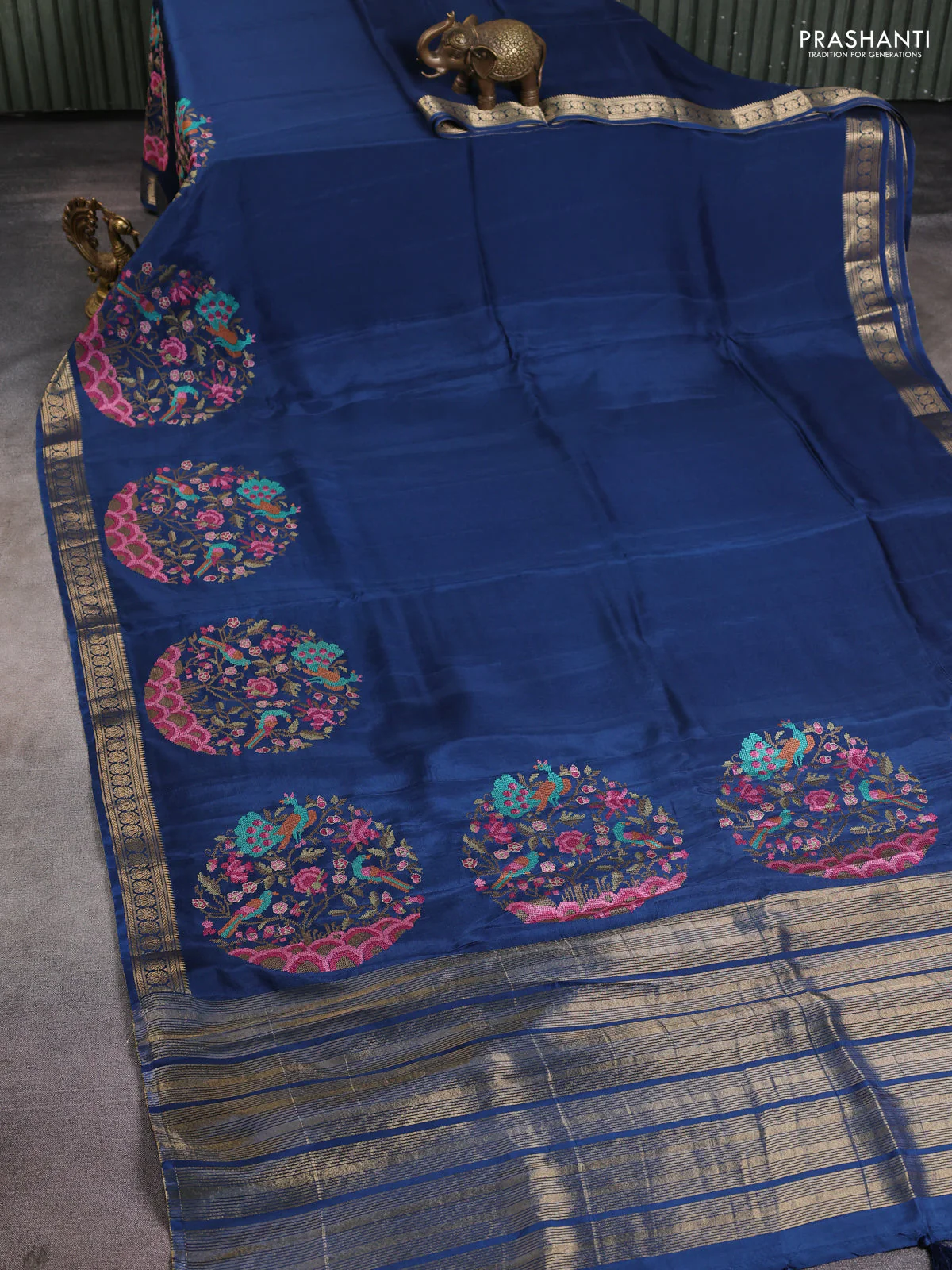 Semi crepe silk saree peacock blue with convent embroidery and paisley zari woven border - Image 2