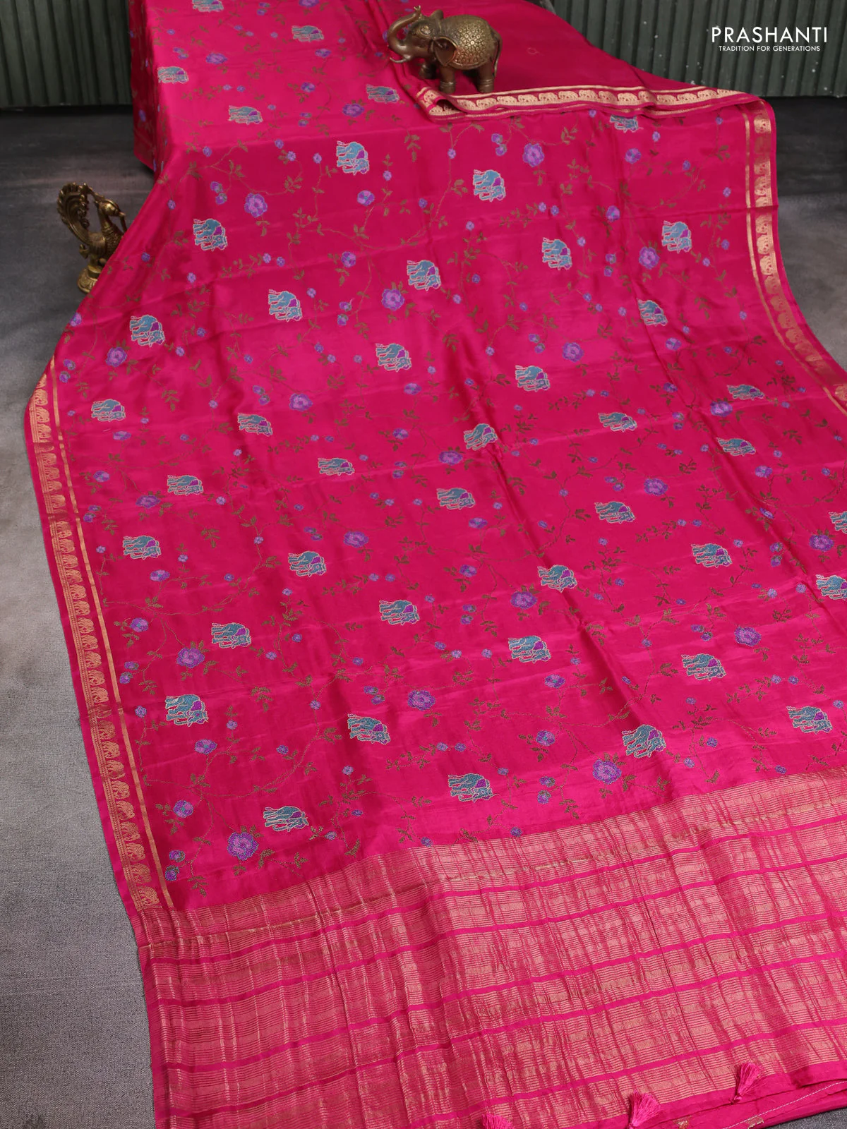 Semi crepe silk saree pink with allover convent embroidery and elephant zari woven border - Image 2