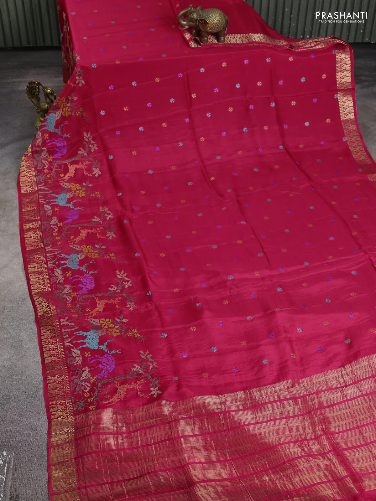 Semi crepe silk saree pink with allover convent embroidery and peacock zari woven border - Image 2
