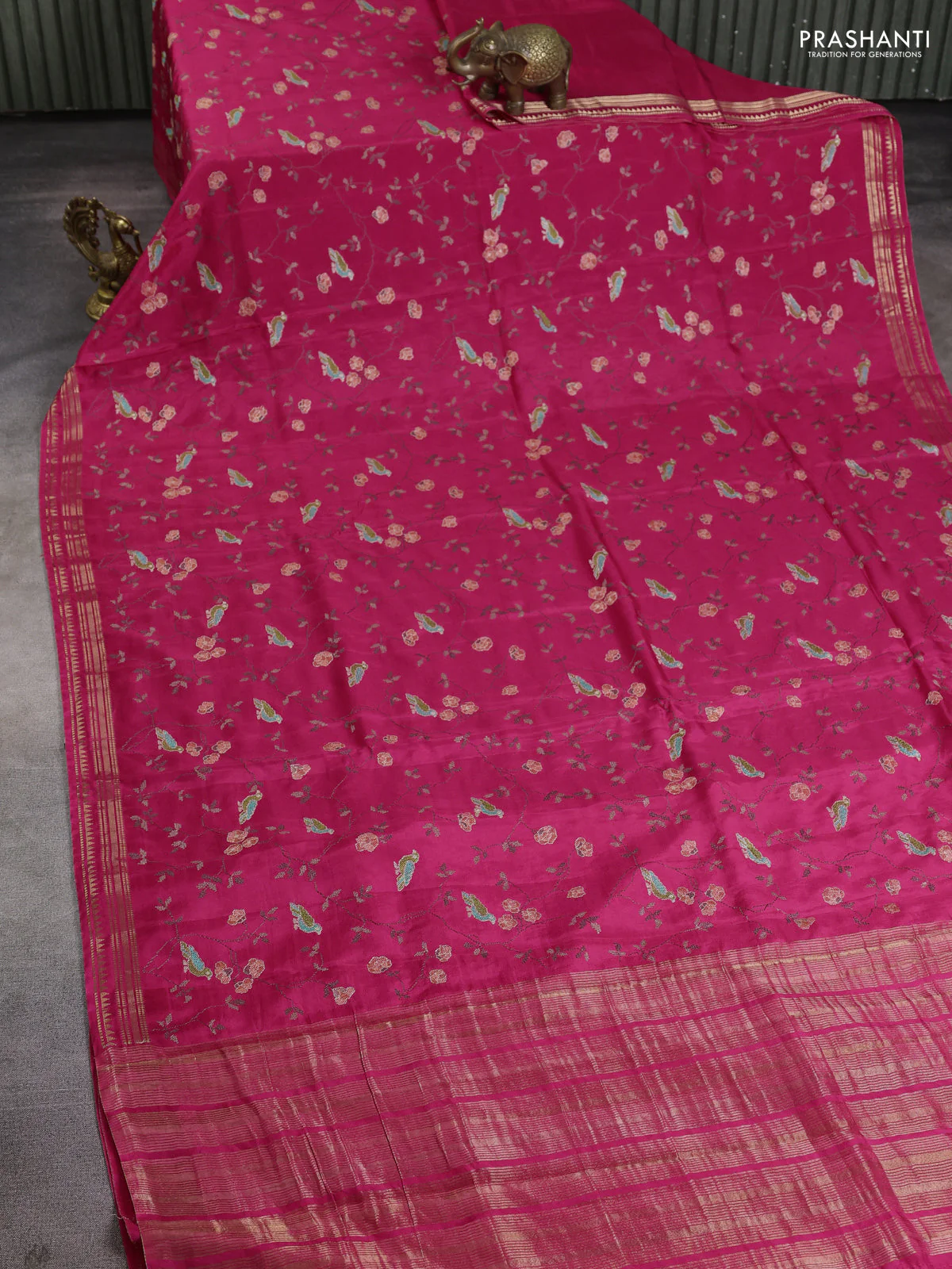 Semi crepe silk saree pink with allover convent embroidery and temple zari woven border - Image 2