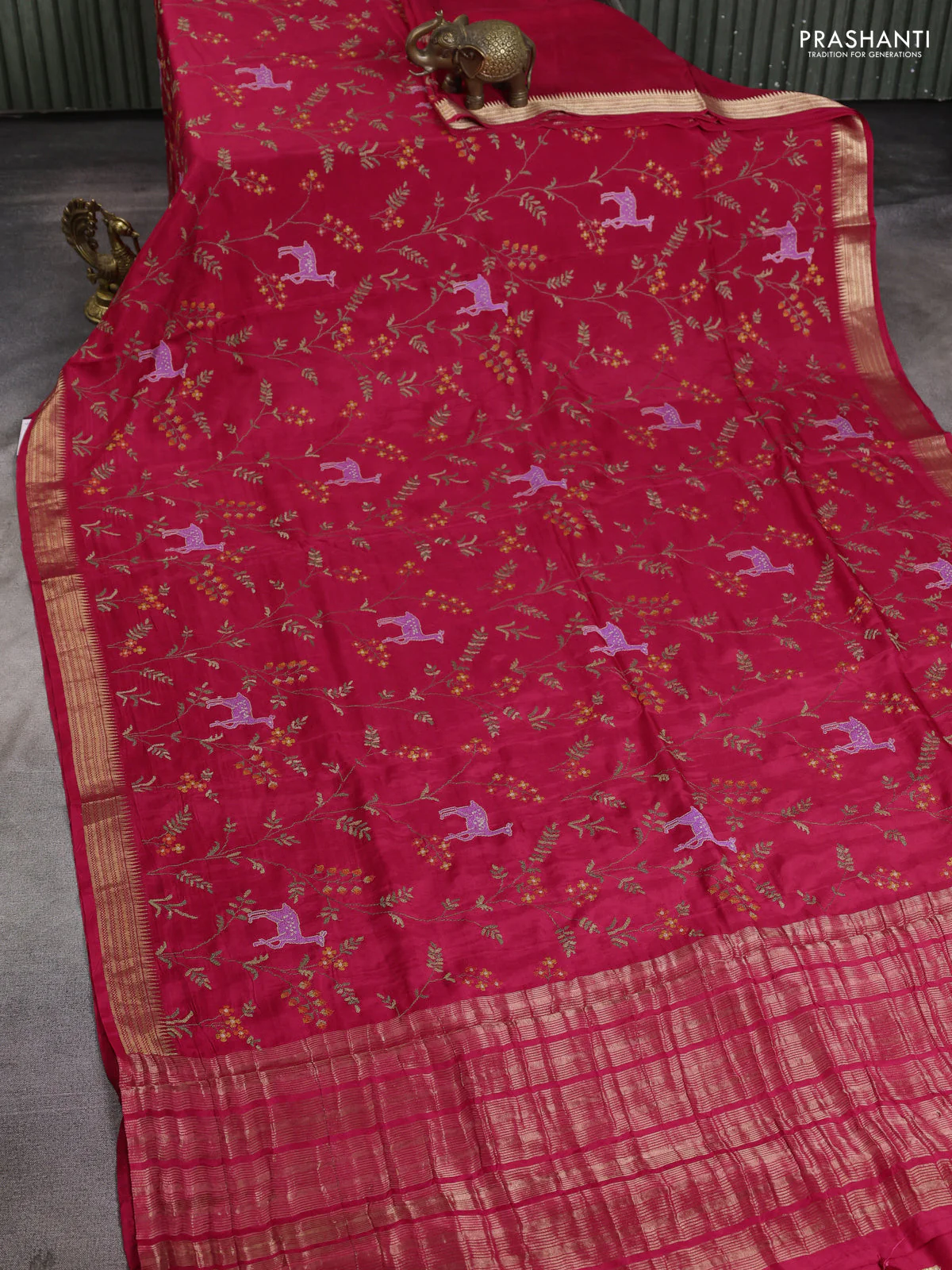 Semi crepe silk saree pink with allover convent embroidery and temple zari woven border - Image 2