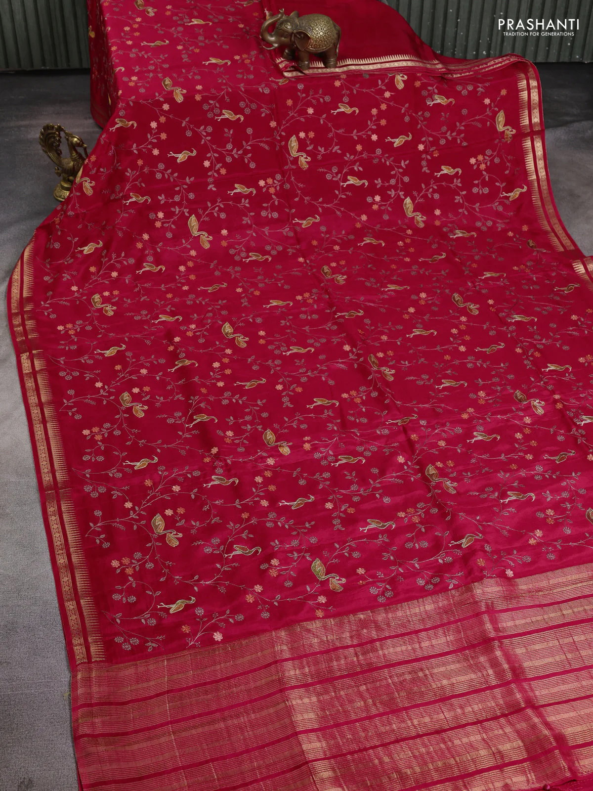 Semi crepe silk saree pink with allover convent embroidery and temple zari woven border - Image 2