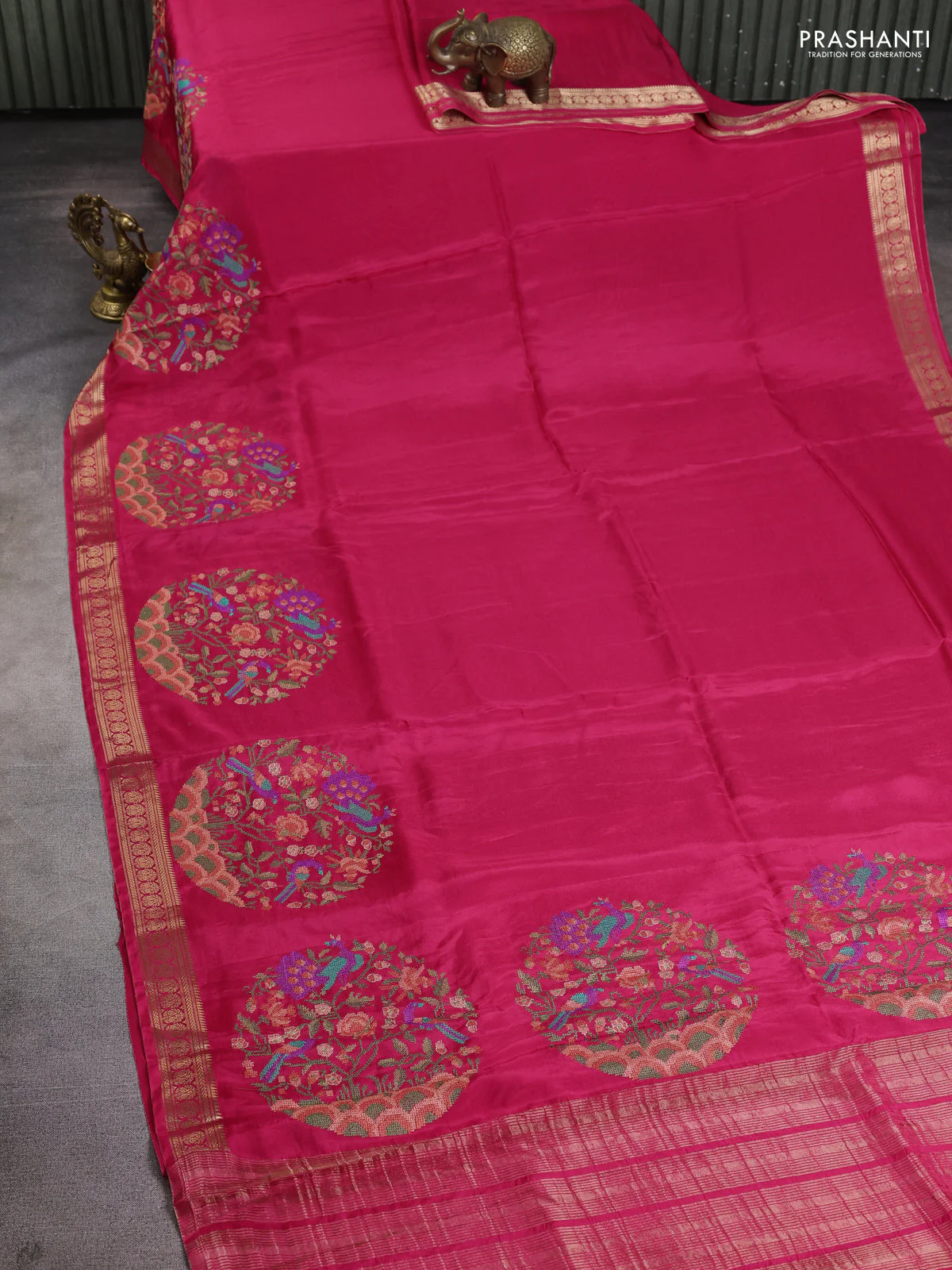 Semi crepe silk saree pink with convent embroidery and paisley zari woven border - Image 2