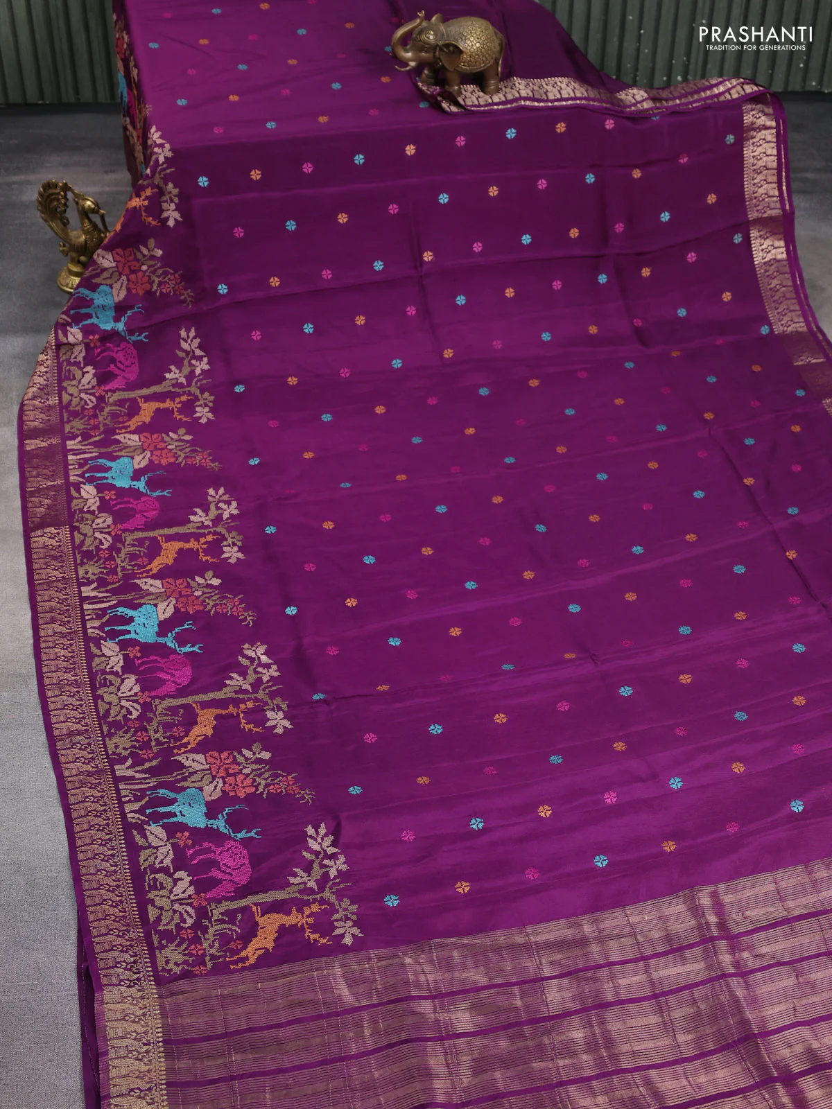Semi crepe silk saree purple with allover convent embroidery and peacock zari woven border - Image 2