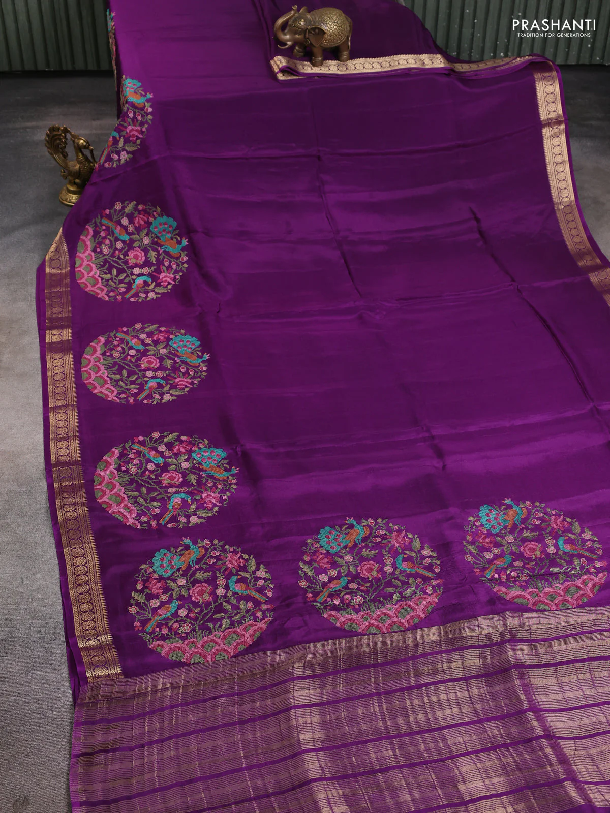 Semi crepe silk saree purple with convent embroidery and paisley zari woven border - Image 2