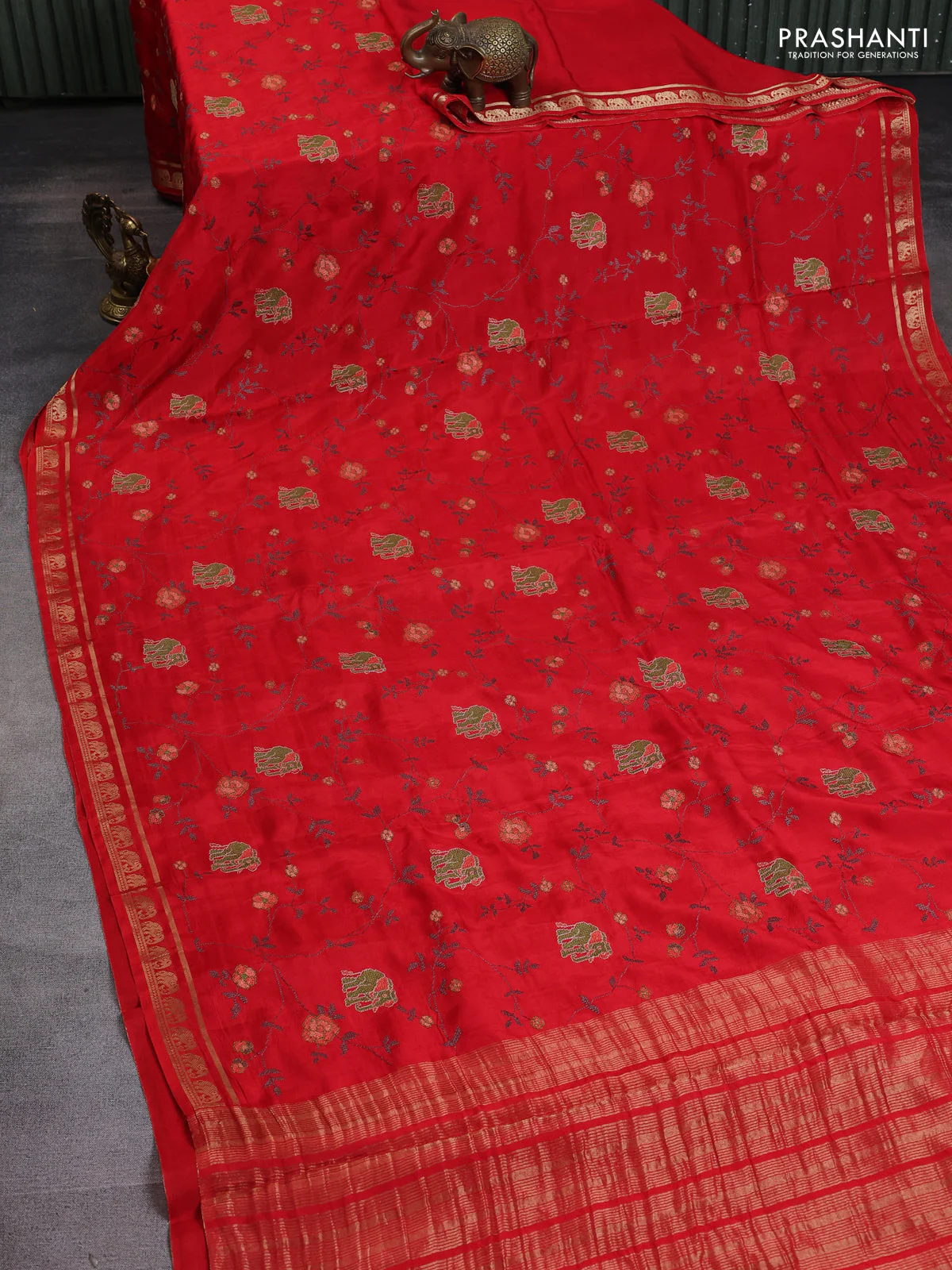 Semi crepe silk saree red with allover convent embroidery and elephant zari woven border - Image 2