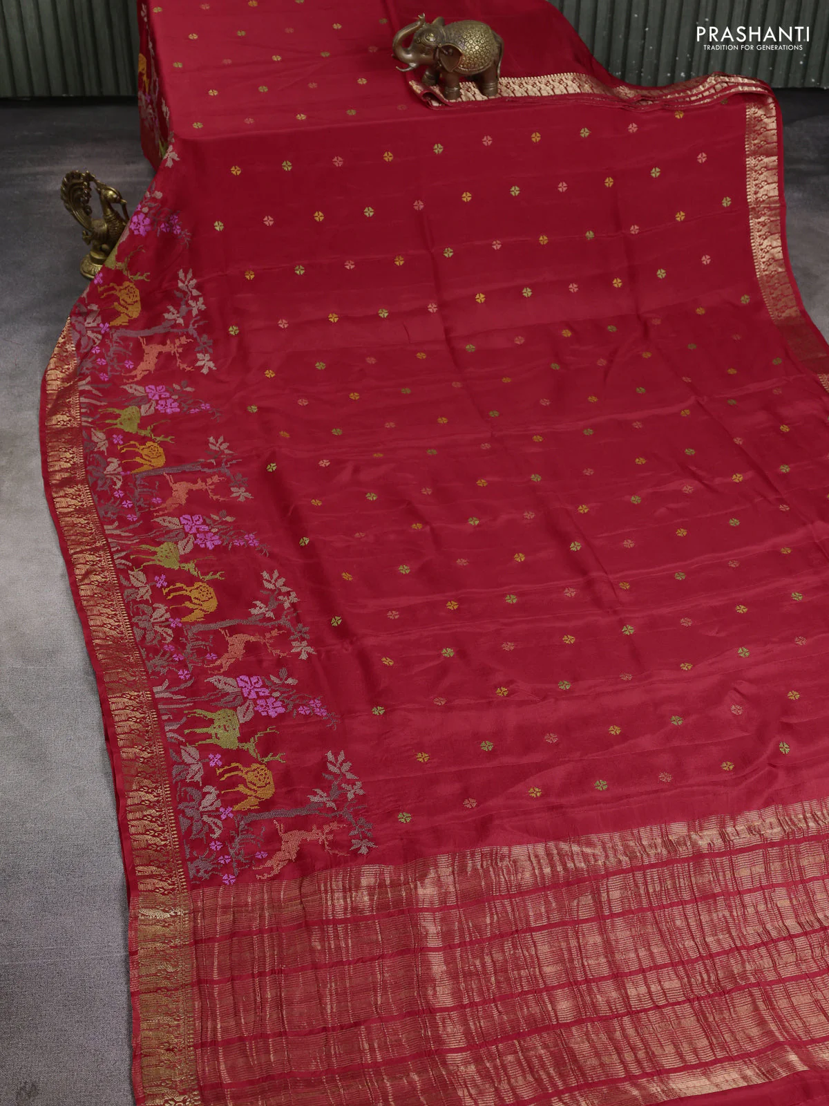 Semi crepe silk saree red with allover convent embroidery and peacock zari woven border - Image 2