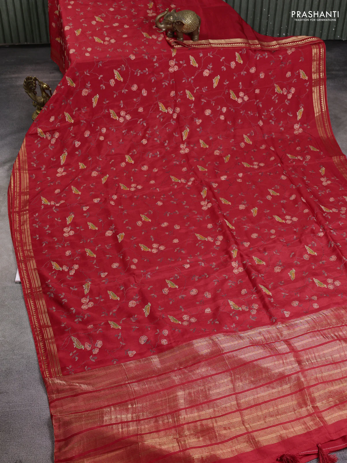 Semi crepe silk saree red with allover convent embroidery and temple zari woven border - Image 2