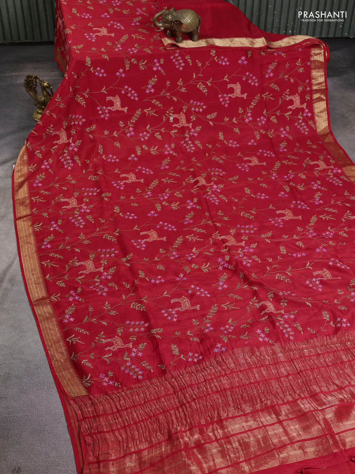 Semi crepe silk saree red with allover convent embroidery and temple zari woven border - Image 2