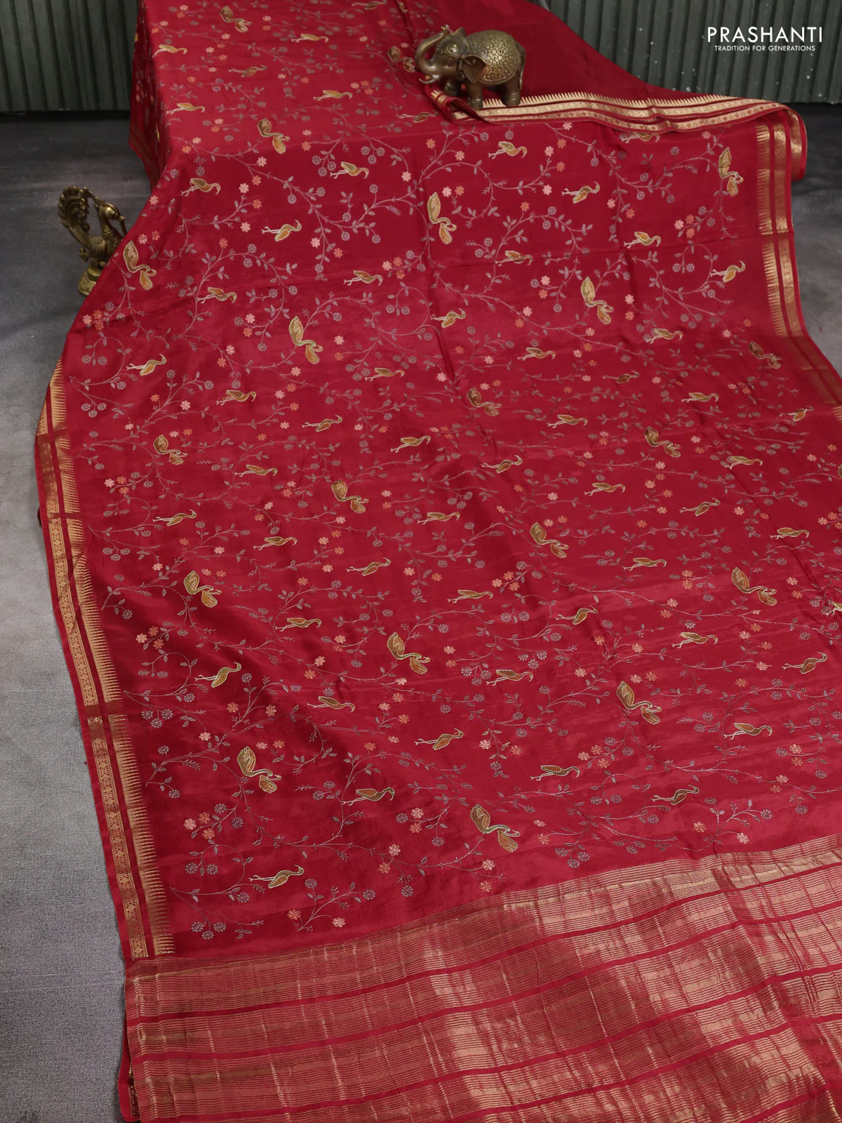 Semi crepe silk saree red with allover convent embroidery and temple zari woven border - Image 2