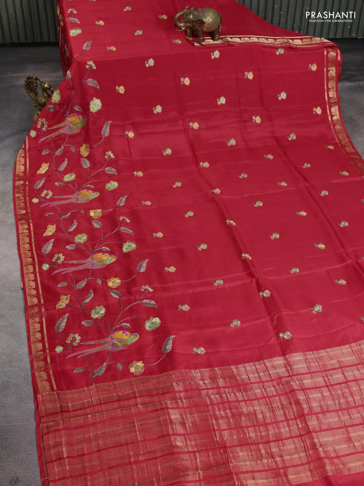 Semi crepe silk saree red with allover embroidery and elephant zari woven border - Image 2