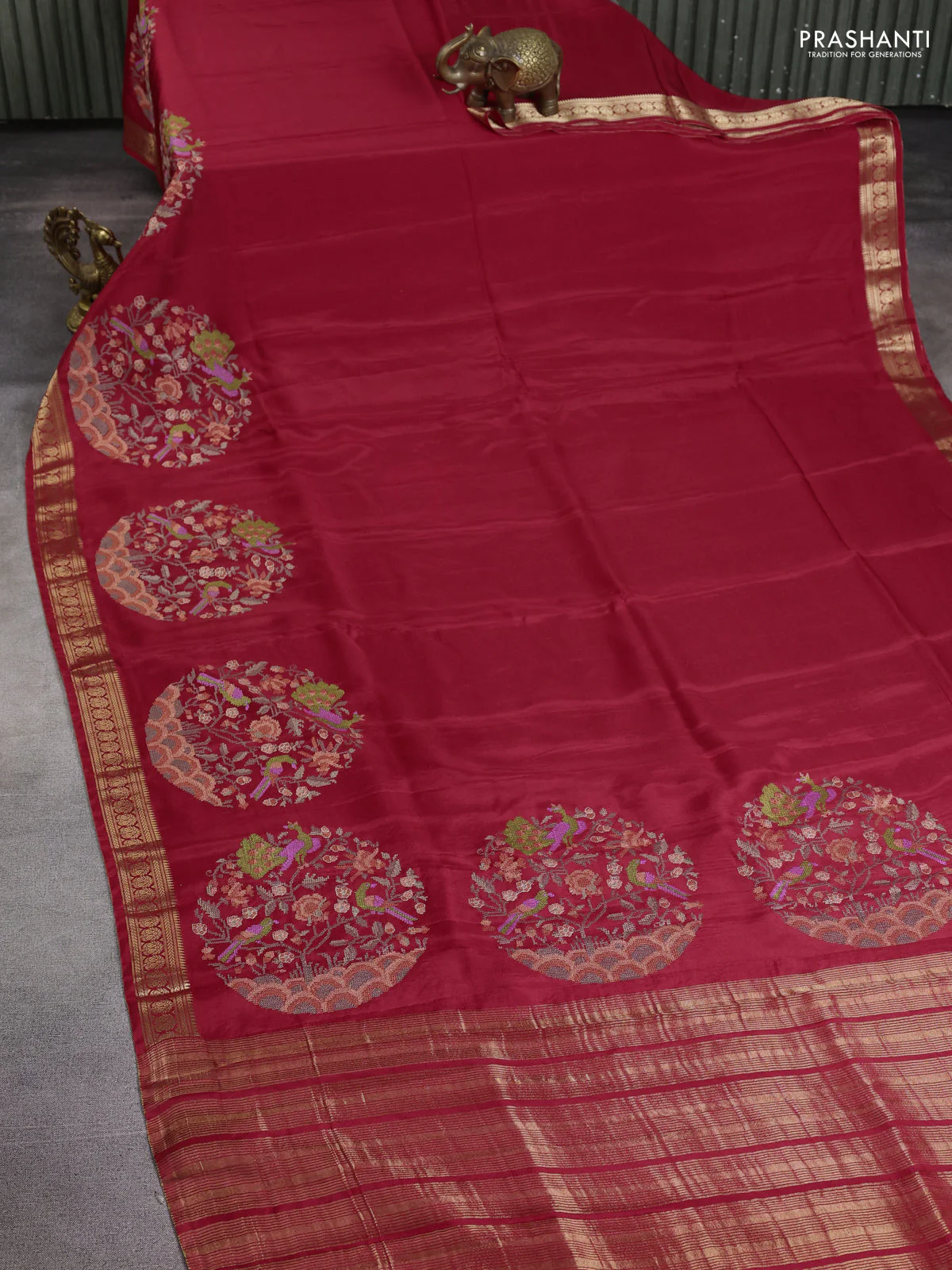Semi crepe silk saree red with convent embroidery and paisley zari woven border - Image 2
