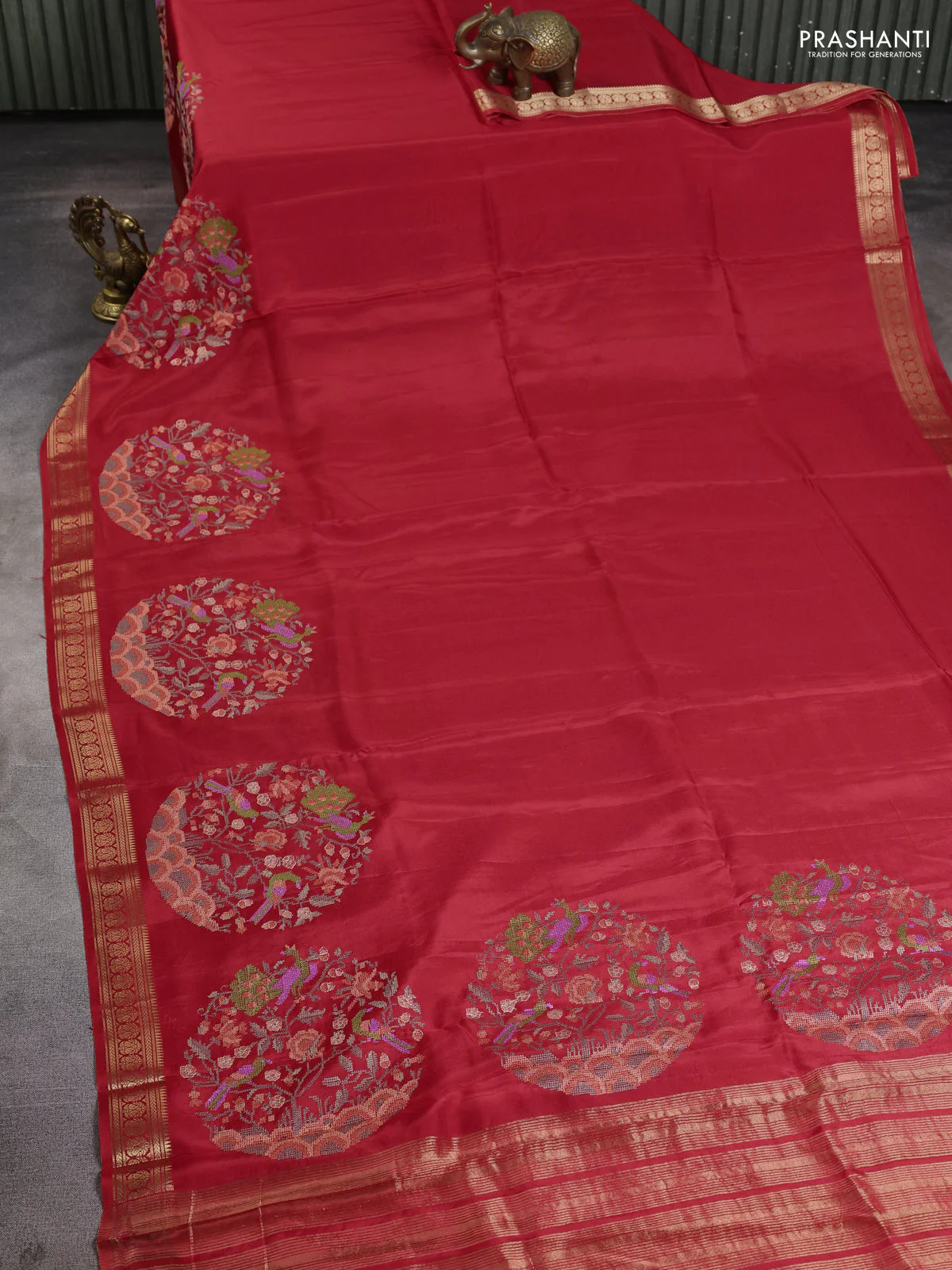 Semi crepe silk saree red with convent embroidery and paisley zari woven border - Image 2