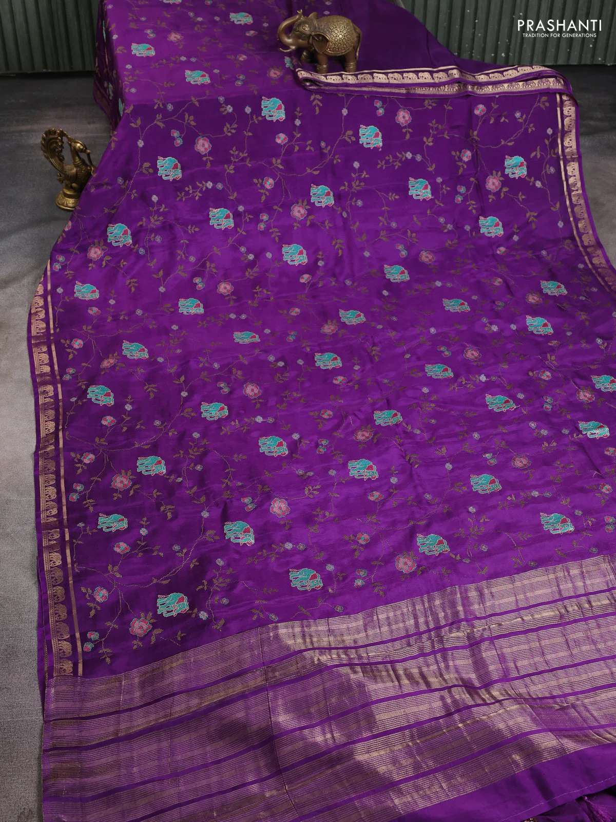 Semi crepe silk saree violet with allover convent embroidery and elephant zari woven border - Image 2