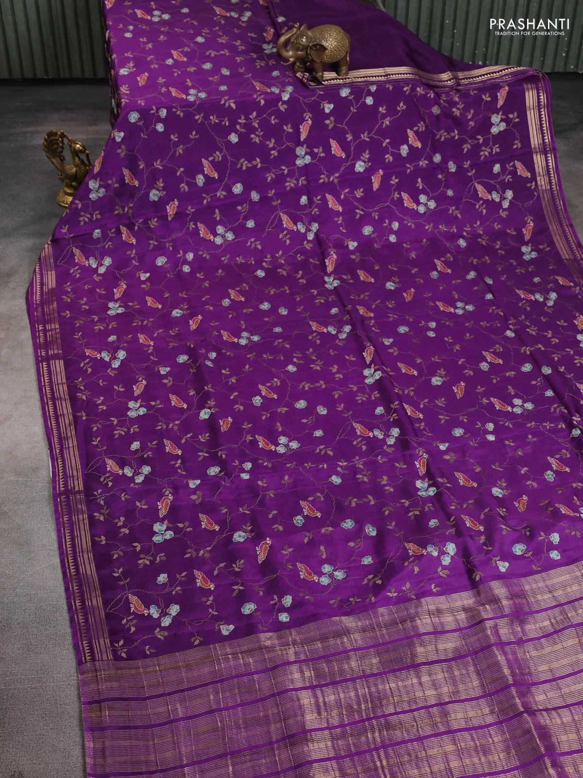 Semi crepe silk saree violet with allover convent embroidery and temple zari woven border - Image 2