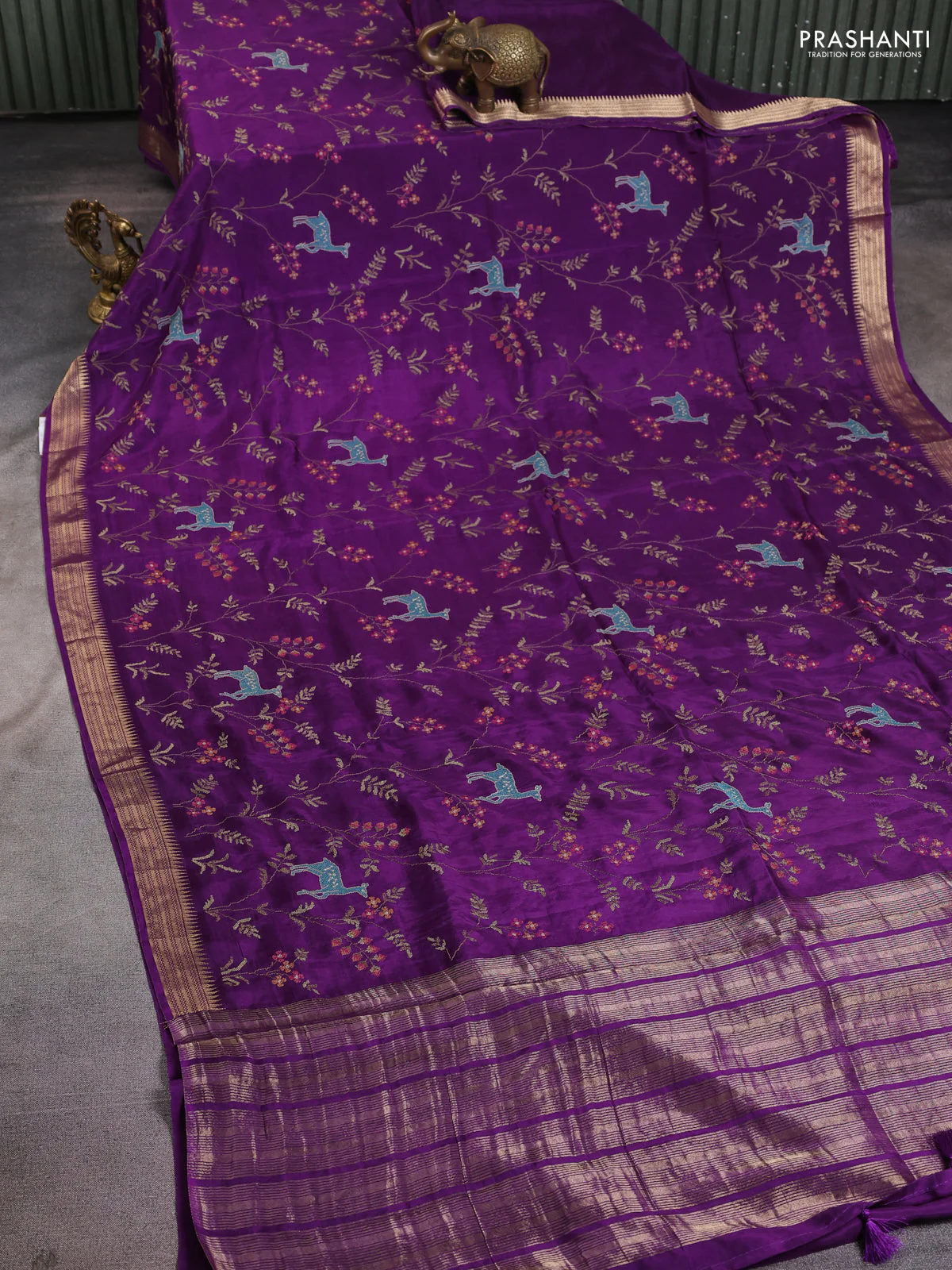 Semi crepe silk saree violet with allover convent embroidery and temple zari woven border - Image 2