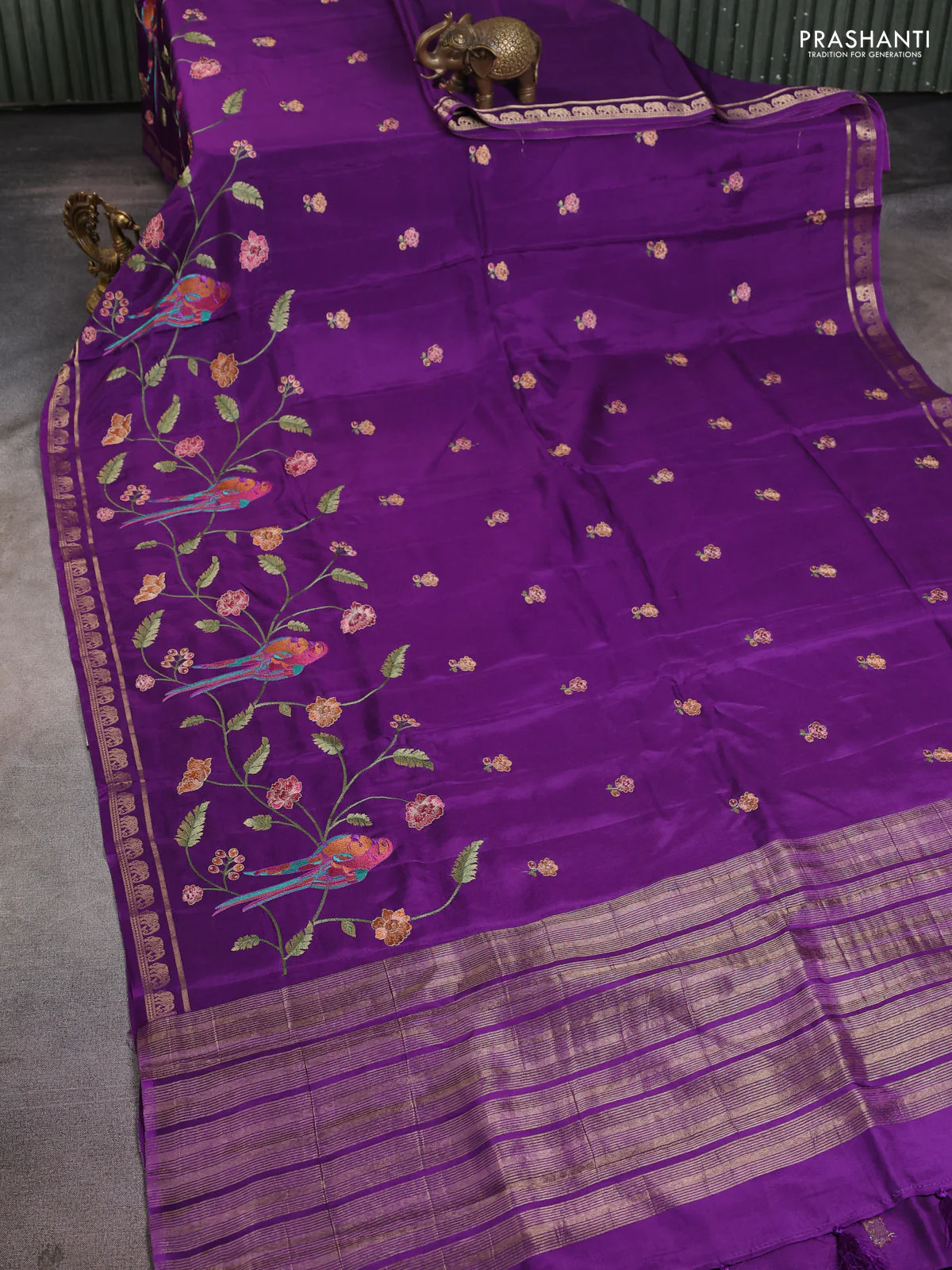 Semi crepe silk saree violet with allover embroidery and elephant zari woven border - Image 2