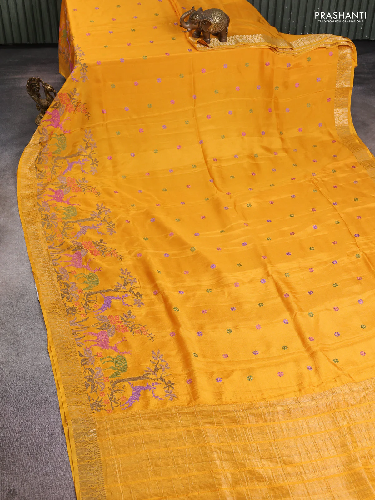 Semi crepe silk saree yellow with allover convent embroidery and peacock zari woven border - Image 2