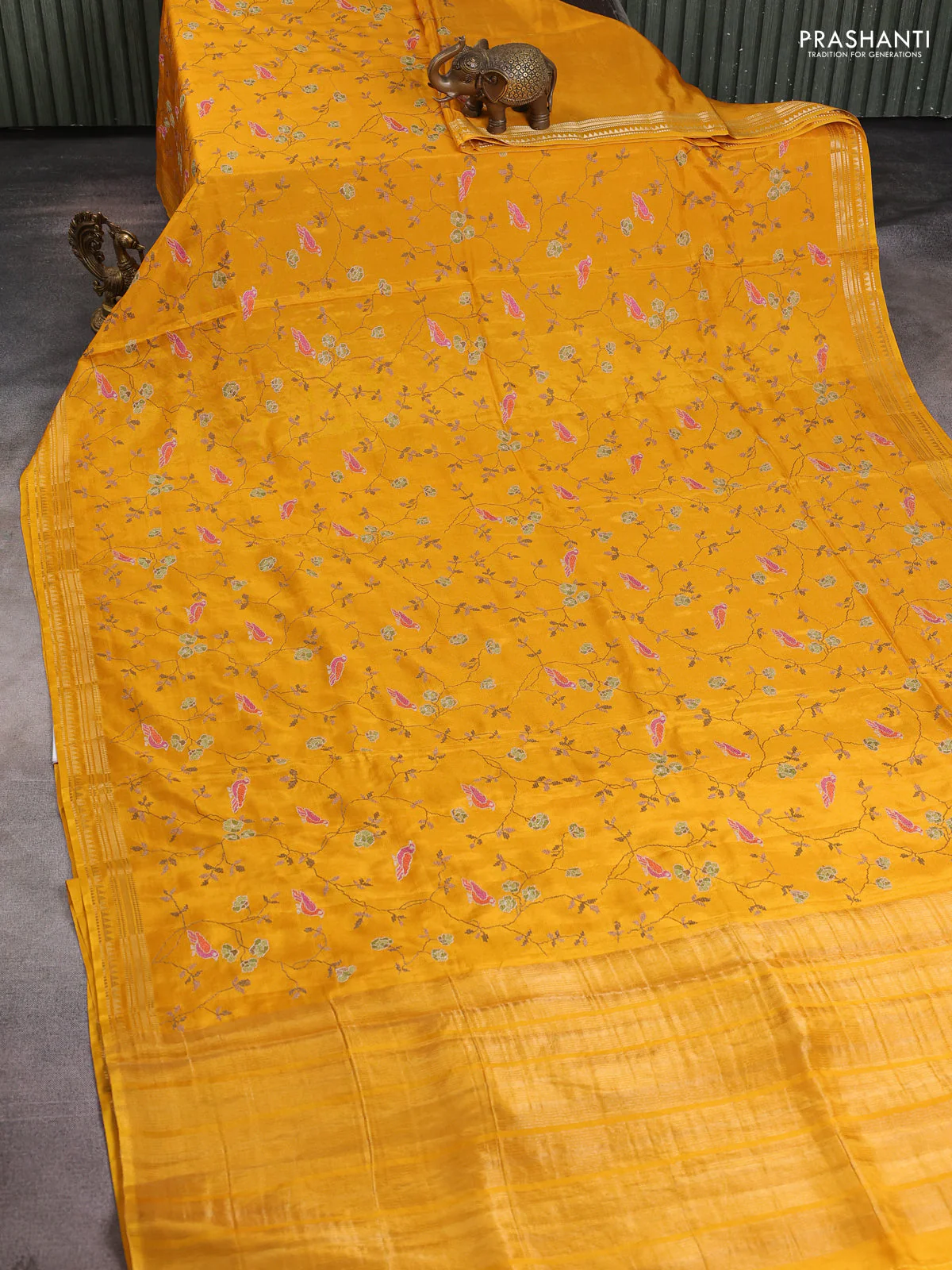 Semi crepe silk saree yellow with allover convent embroidery and temple zari woven border - Image 2