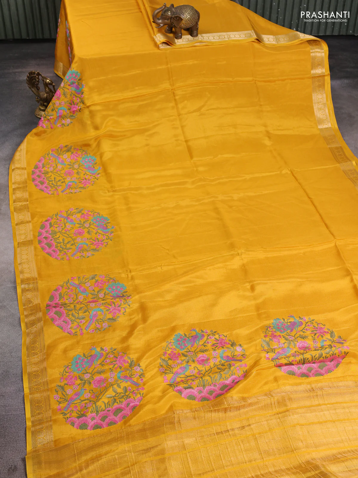 Semi crepe silk saree yellow with convent embroidery and paisley zari woven border - Image 2
