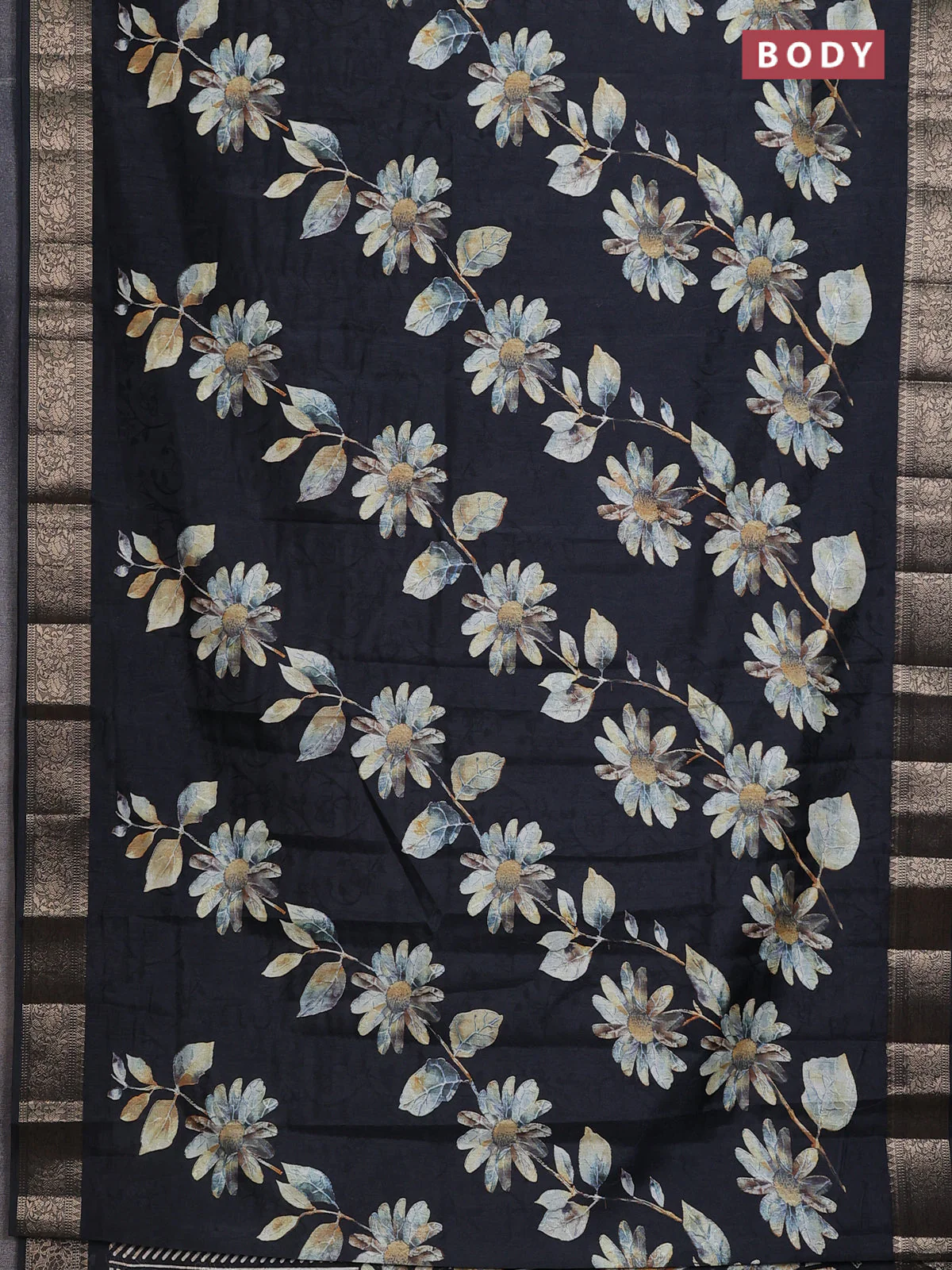 Semi dola saree black with floral prints & self emboss and zari woven border - Image 2