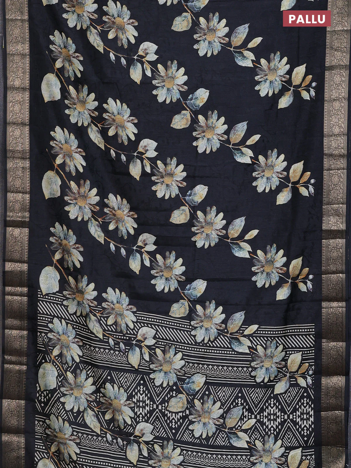 Semi dola saree black with floral prints & self emboss and zari woven border - Image 3
