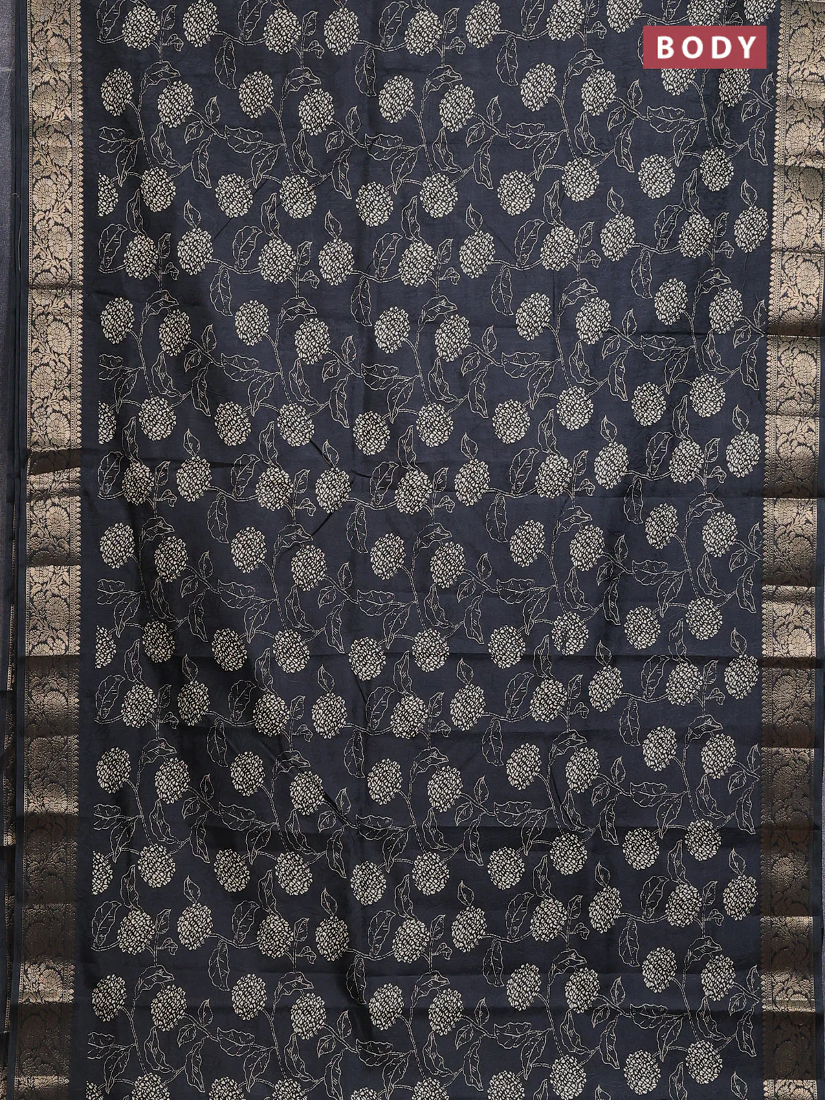 Semi dola saree black with floral prints & self emboss and zari woven border - Image 2