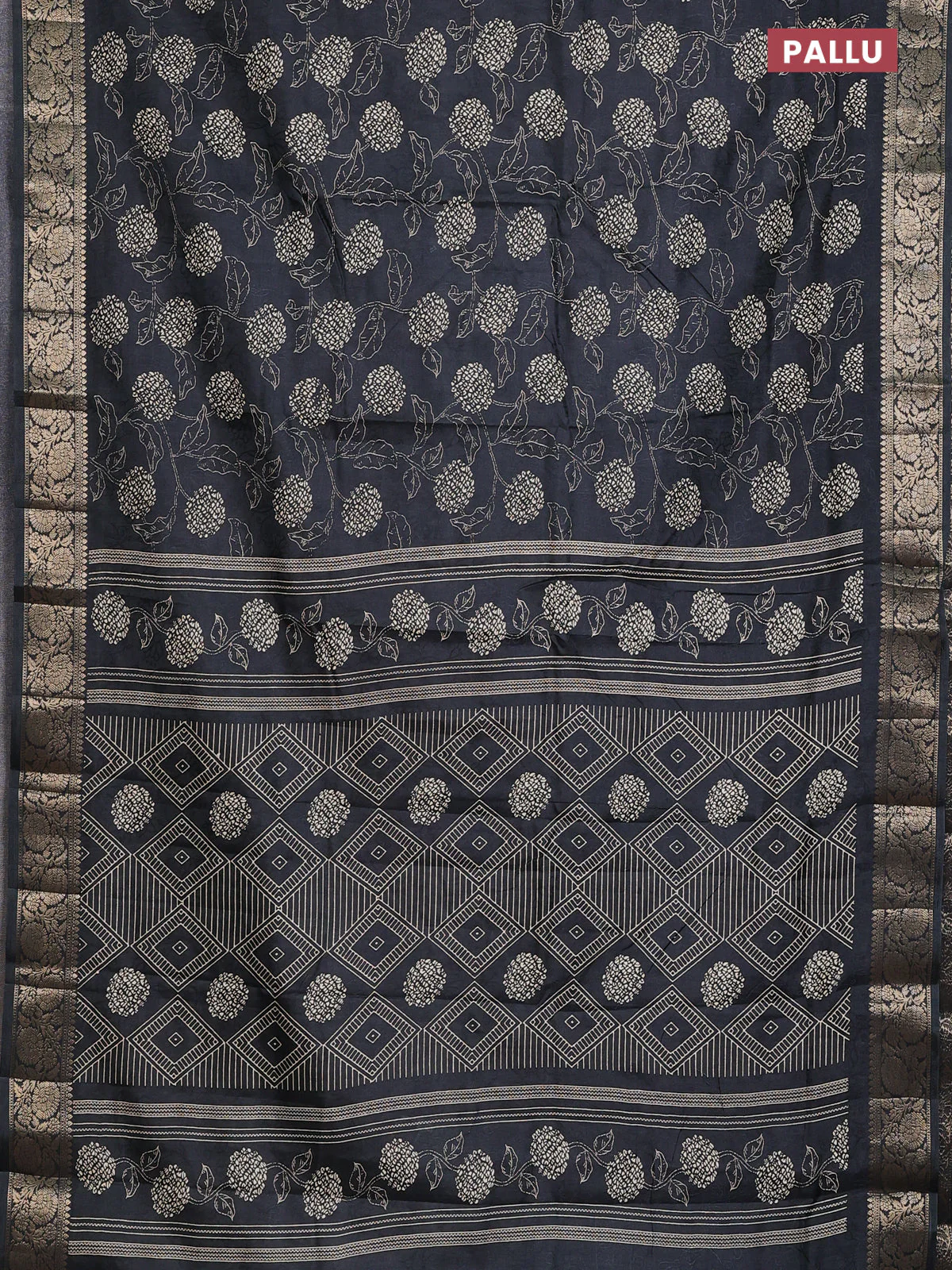 Semi dola saree black with floral prints & self emboss and zari woven border - Image 3