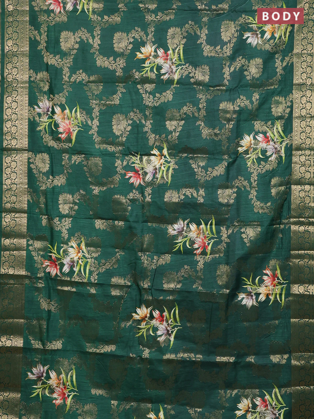 Semi dola saree bottle green with allover zari weaves & floral prints and zari woven border - Image 2